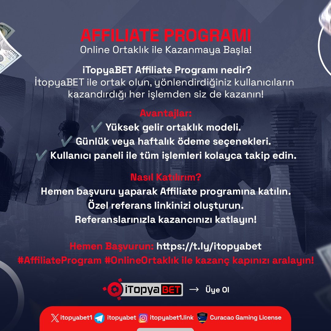 📢 iTopyaBET AFFILIATE PROGRAMI ile gelirini artır!

💼 Yüksek komisyon oranları
💳 Günlük &amp; haftalık ödeme seçenekleri
📊 Kullanıcı paneli ile detaylı takip

🔗 Hemen Başvur: t.ly/itopyabet
#AffiliateProgram #OnlineKazanç #İşOrtaklığı