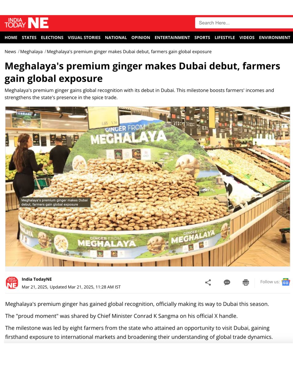 mbda_meghalaya's tweet image. Featured in India Today NE, state proudly celebrates export of prized ginger to Dubai. Led by eight dedicated farmers, this achievement promises better incomes, global recognition, and a stronger foothold for Meghalaya in the international spice trade.  #IVCS #farmersofmeghalaya