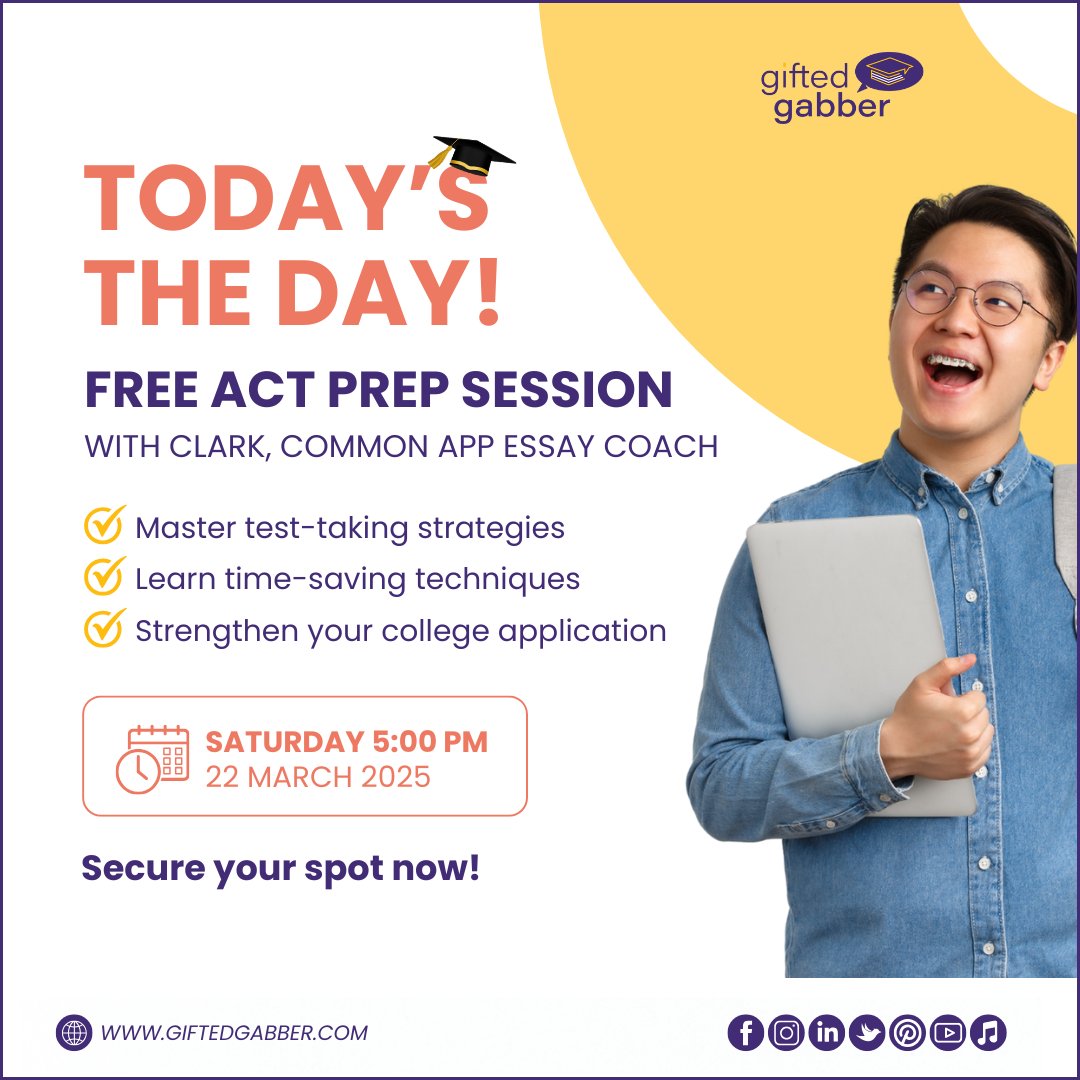 JothsnaKethar's tweet photo. 🚀 𝐓𝐎𝐃𝐀𝐘’𝐒 𝐓𝐇𝐄 𝐃𝐀𝐘!

📚 FREE ACT PREP SESSION with Clark, Common App Essay Coach 🎓

📢 It’s finally here! Join us TODAY at 5:00 PM EST and gain valuable insights to ace your ACT!

🔗 https://t.co/S9VUariswF

#ACTReady #ExamDay #ACTTips #TestDayMotivation https://t.co/a9Juo4jxwp