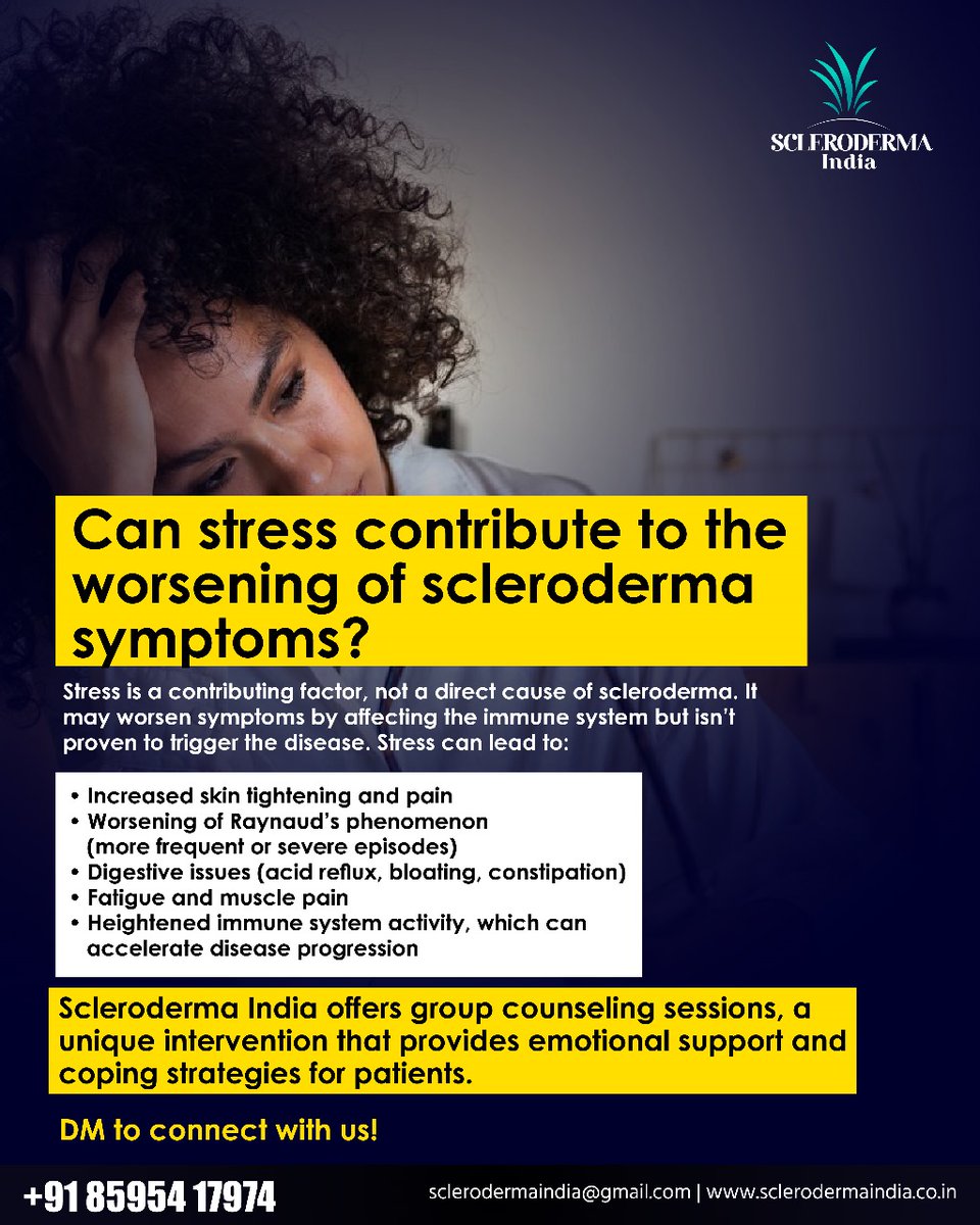 ScleroIndia's tweet image. Can stress contribute to the worsening of scleroderma symptoms?
#SclerodermaIndia #scleroderma #chronicillness #AutoImmuneDisease #stress #mentalhealth