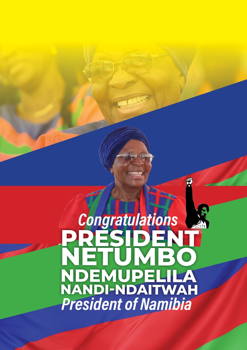 SWAPOPRESIDENT's tweet image. Congratulations President Netumbo Ndemupelila Nandi-Ndaitwah on becoming the 5th President of the Republic of Namibia. Now Hard Work