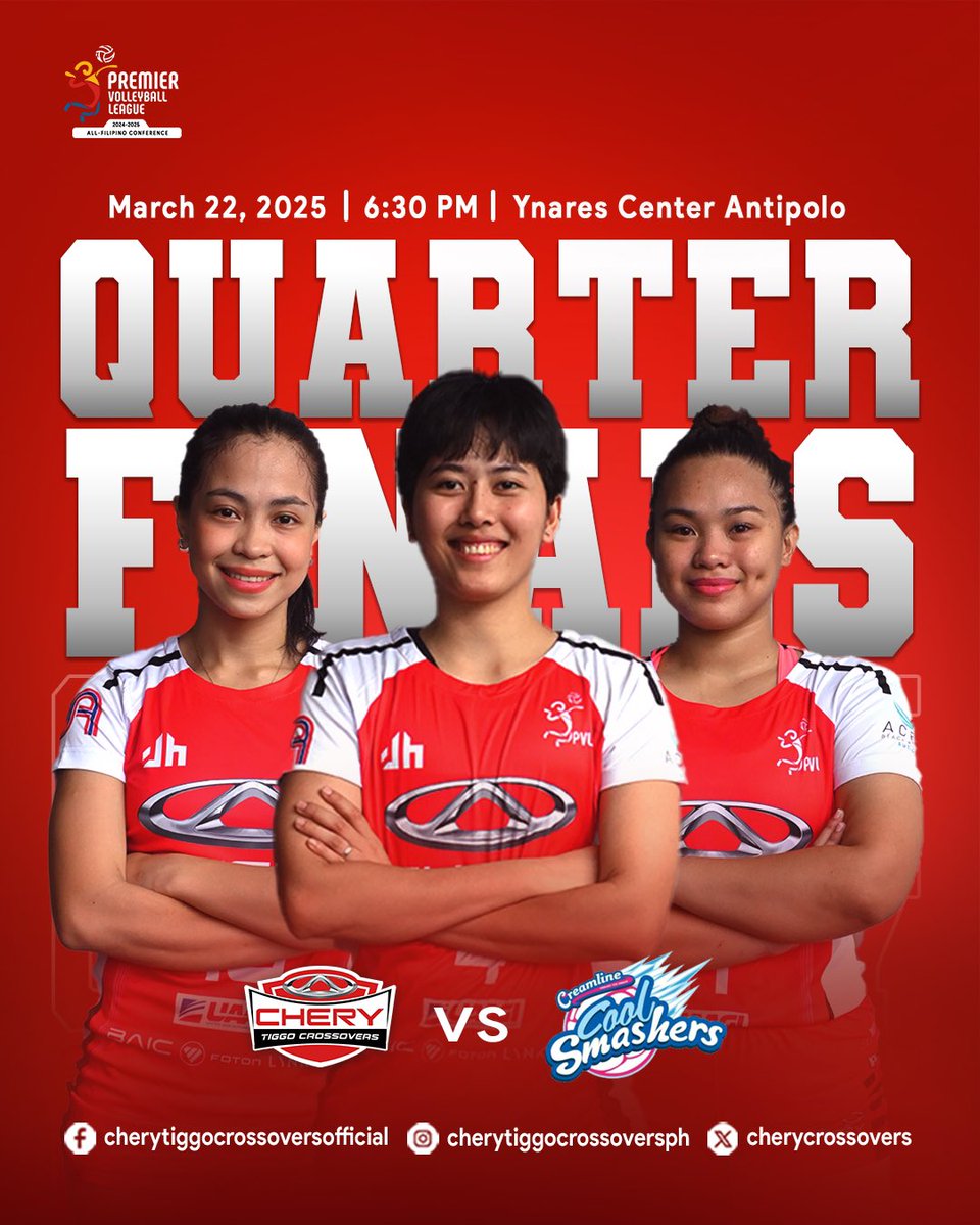 CheryCrossovers's tweet photo. GAME 2 TIME π€
The Crossovers are looking to redeem themselves and extend the series for a shot at that semis slot ππ¨ Watch us live at the Ynares Center Antipolo, 6:30pm or on all available official PVL streaming platforms β¨
#CrossoverOvertake #CHERYonTOP #PVL2025 https://t.co/7qLyHlV79h