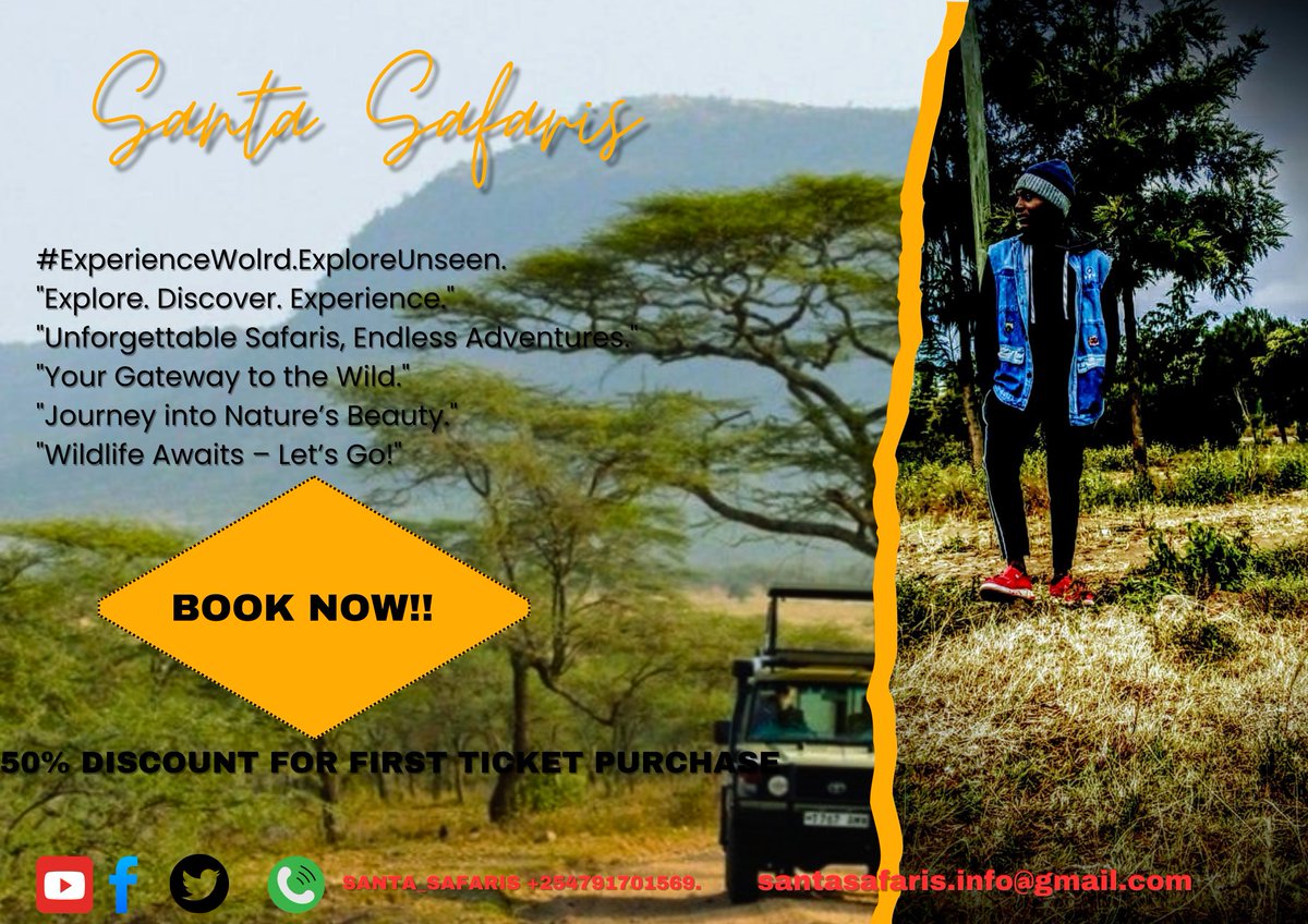 Santa_Safaris's tweet image. "Unforgettable Safaris, Endless Adventures! 🌍🐾
Experience the wild like never before with Santa Safaris. Book now and enjoy a 50% discount on your first ticket! 🚙✨ #ExploreUnseen #WildlifeAwaits #SantaSafaris"