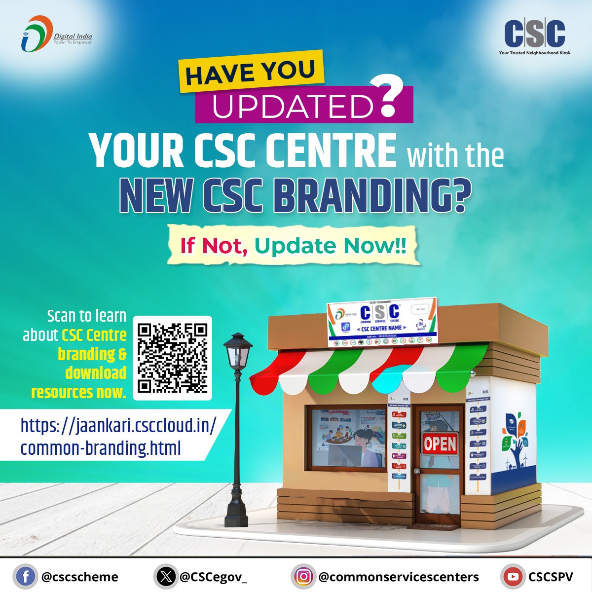 Dear VLEs, Don't forget to Update your Centre with the New Branding...

Visit the following link to learn about #CSC Centre branding &amp; download recourses now. jaankari.csccloud.in/common-brandin…

#DigitalIndia #CSCBranding #CSCJaankariSuvidhaPostal #DigitalInclusion #jaankarisuvidhaportal