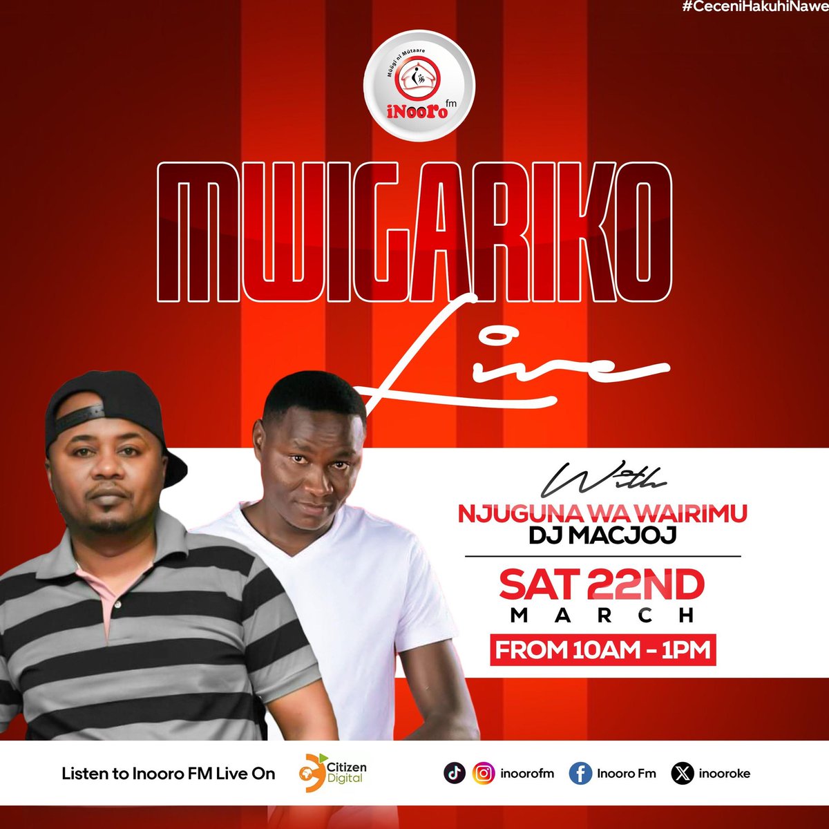 Mwigariko Liiiive tuigarike na ruimbo mwaki mwaki. <a href="/SNjugunaWairimu/">Njuguna Wairimu</a> <a href="/djmacjoj/">Dj Macjoj</a>  #InooroFm #MwigarikoLive #MuciiwaUtuginaUtana #NjugunaWairimunaDJMacjoj