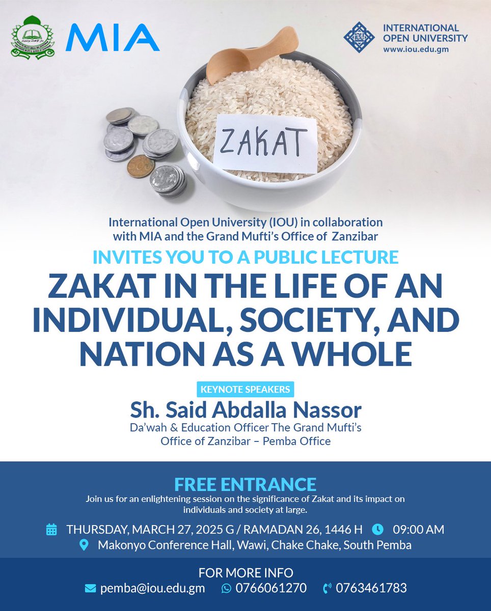 miacademytz's tweet photo. #open_public_lecture

Join us for an enlightening session on the significance of Zakat and its impact on individuals and
society at large.
@mediaiou  |  #Ofisi_ya_Mufti_Mkuu_Zanzibar | https://t.co/GoLWaliwNp