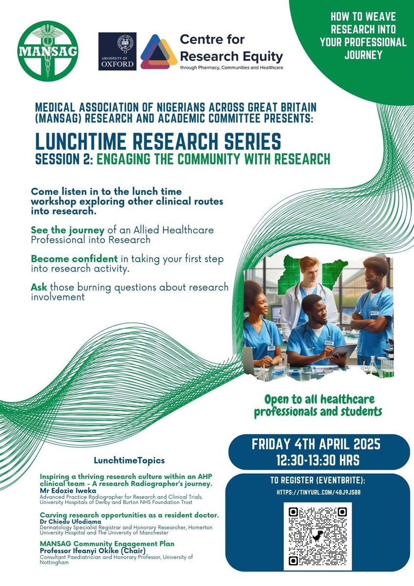 MANSAG_uk's tweet image. MANSAG Lunchtime Research Series is around the corner.
Session 2: Engaging The Community With Research.
With @EdozieIweka @Chiedu_Ufo and @worldzico
Use QR code below or Register via eventbrite.co.uk/e/lunchtime-re…
#mansag2025