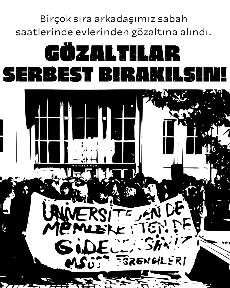 📢 Aralarında MSGSÜ'den sıra arkadaşlarımızın da olduğu birçok üniversiteli sabah saatlerinde ev baskınıyla gözaltına alındı.

Gözaltılar derhal serbest bırakılsın!
Baskılar bizi durduramaz! 

Üniversiteden de memleketten de 
GİDECEKSİNİZ! 
#sarachanedeyiz #imamoğlu #msgsu