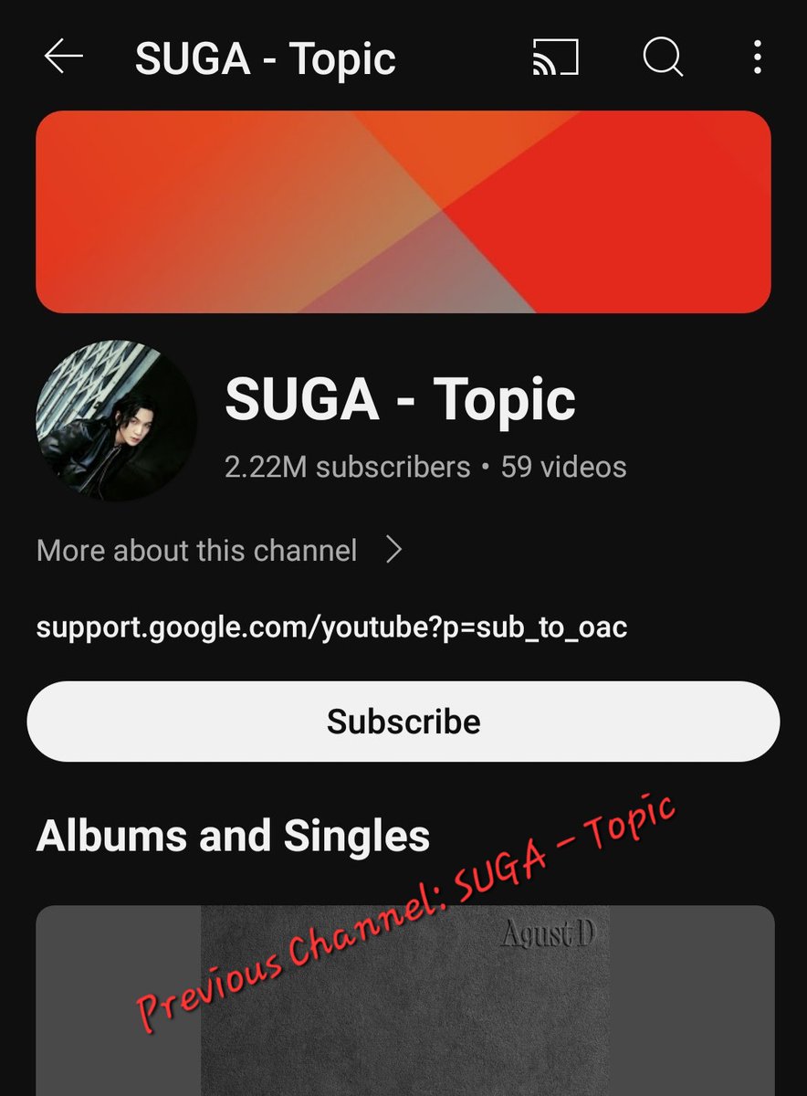 DataAgustD's tweet photo. Hello @YouTube @TeamYouTube,

The channel "SUGA Topic" has been replaced with a "Suga" channel on YouTube, but unlike other BTS members, it lacks proper description.

Please restore his profile to its original form with an appropriate description to reflect its credibility. https://t.co/3sHKMLipBd