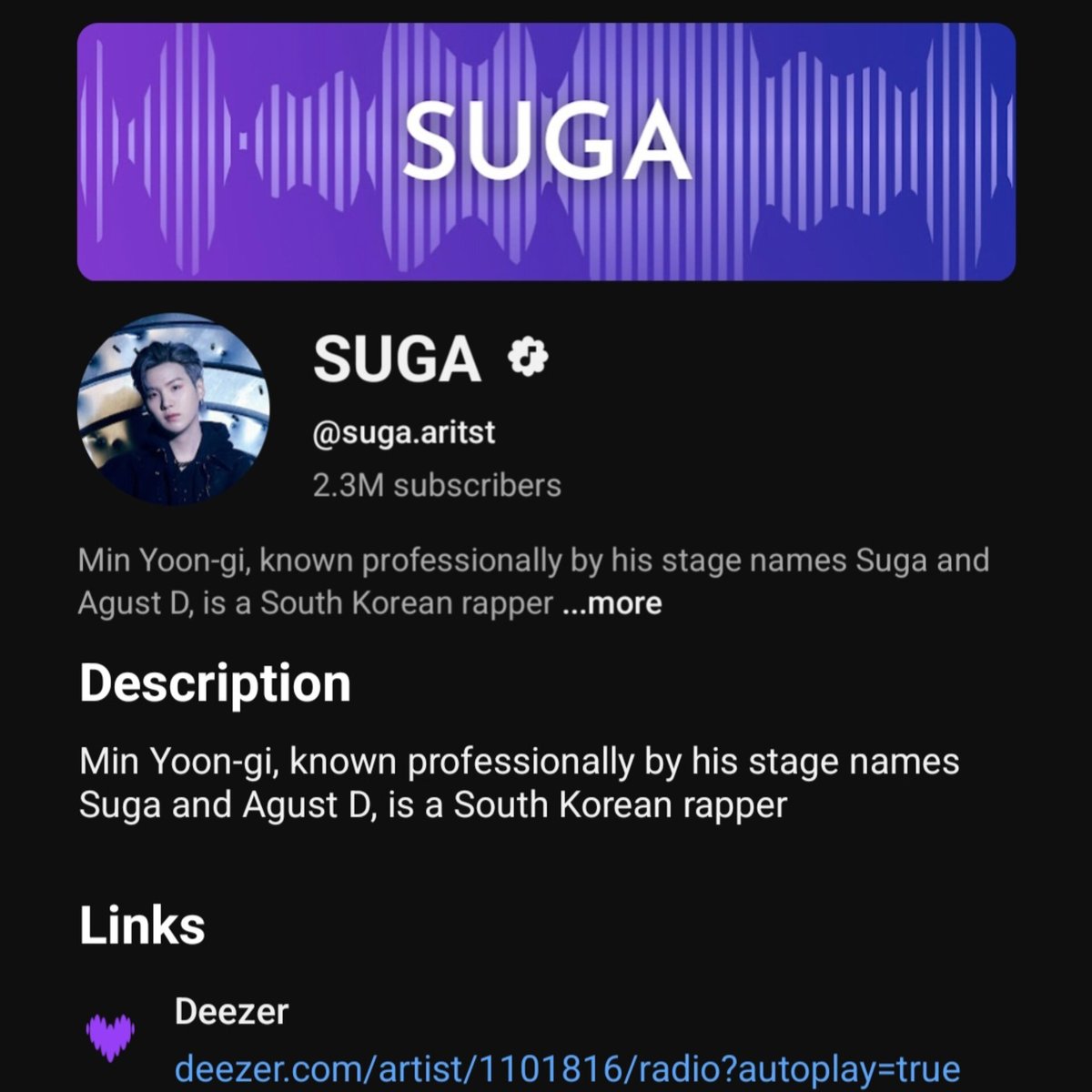 DataAgustD's tweet photo. Hello @YouTube @TeamYouTube,

The channel "SUGA Topic" has been replaced with a "Suga" channel on YouTube, but unlike other BTS members, it lacks proper description.

Please restore his profile to its original form with an appropriate description to reflect its credibility. https://t.co/3sHKMLipBd