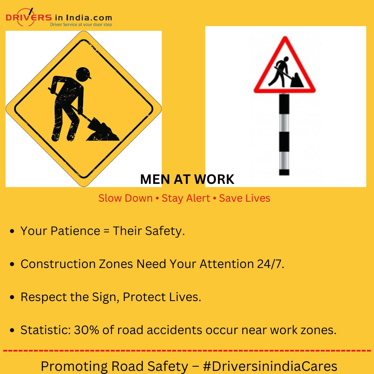 DriversinIndia's tweet photo. 🚧 30% of road accidents happen near work zones.
🛑 Slow down. Stay alert. Save lives.

#RoadSafety #DriveSmart #DriversinindiaCares 🚗✨ https://t.co/Z1ZG7o5igL