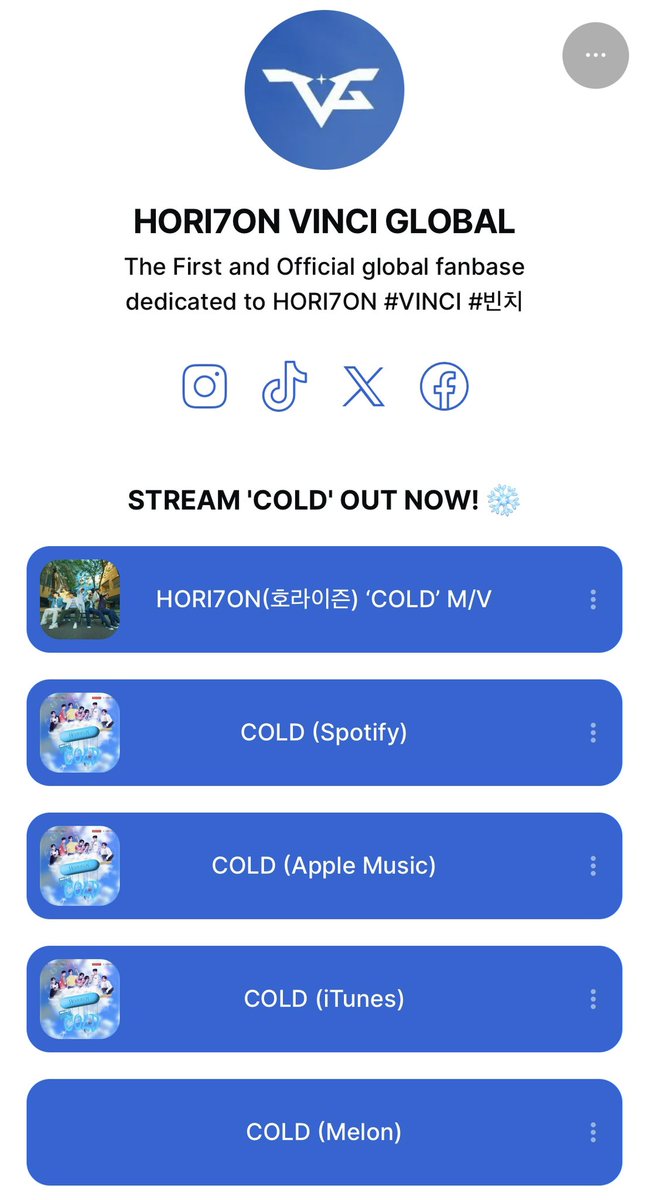 [❄️] STREAM COLD!

Visit our Linktree for the links to stream and purchase COLD! Share the COLD fever to your friends and family now 💙

🍦: linktr.ee/H7NVinci

SaturYAY with HORI7ON

#COLDwithHORI7ON 
#VINCI #빈치 
#HORI7ON #호라이즌 
<a href="/HORI7ONofficial/">HORI7ONofficial</a> <a href="/HORI7ON_twt/">HORI7ON member</a>