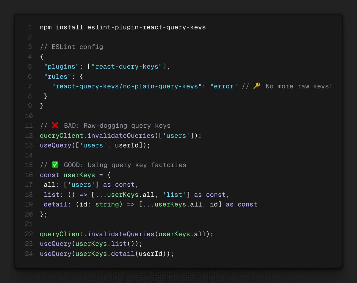 Stop raw dogging your query keys—Introducing a new React Query lint plugin ✨

Stick to the query key factory pattern.

◇ Prevent typos and duplicate keys
◇ Make cache invalidation predictable
◇ Maintain consistent query key structure