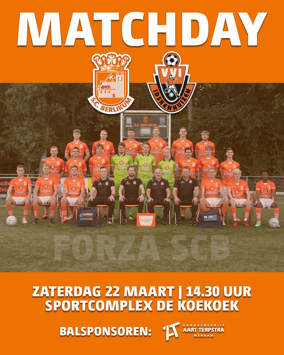 ⚔️ 𝗠𝗔𝗧𝗖𝗛𝗗𝗔𝗬 ⇢ SC Berlikum 1

🆚 VVI 1
⚽️ Balsponsor: AutoFirst Aart Terpstra 
👦 PvdW: Ebbe Laan (JO10-1)

Graag tot vanmiddag op De Koekoek! 🧡🤍

#FORZASCB #SCBerlikum