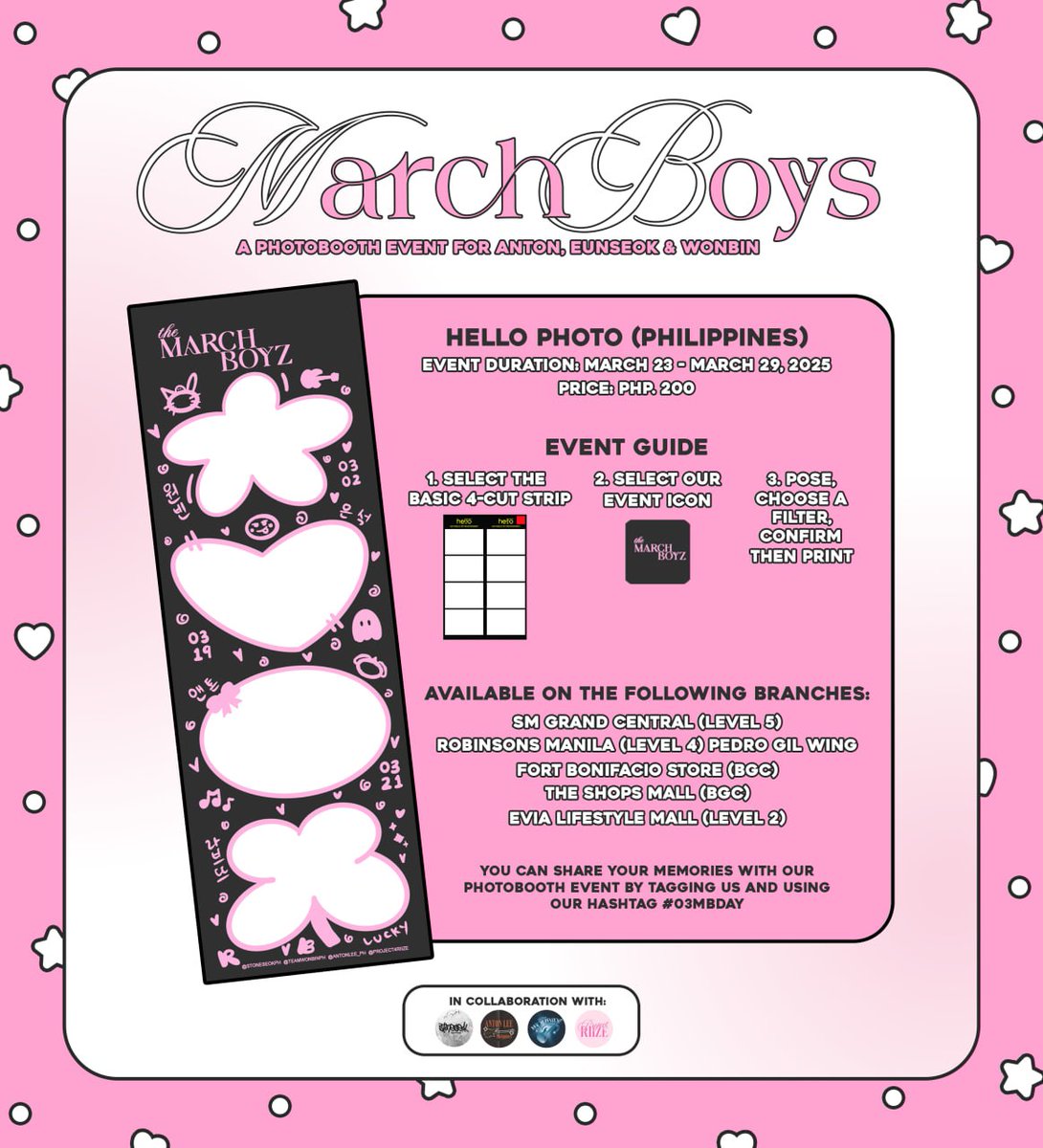 TeamWonbinPH's tweet photo. The March Boyz Photobooth Event by @STONESEOKPH @TeamWonbinPH @ANTONLEE_PH &amp; @Project4RIIZE

📍 Available at all Hello Photo PH branches
🗓️ March 23 — 29, 2025

Let's celebrate and capture the precious moment together with #03MBDAY 

#EUNSEOK #WONBIN #ANTON https://t.co/sbgJBzVa4l