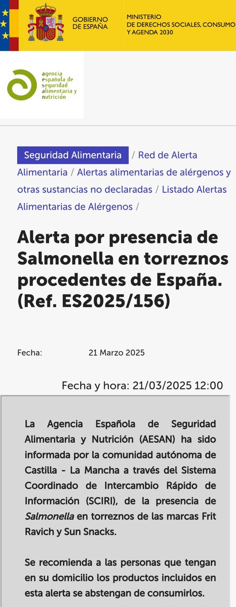 AESAN_gob_es's tweet image. ⚠️ Alerta por presencia de Salmonella en torreznos.
🚫 No consumir 
📌 shorturl.at/Z5q7E