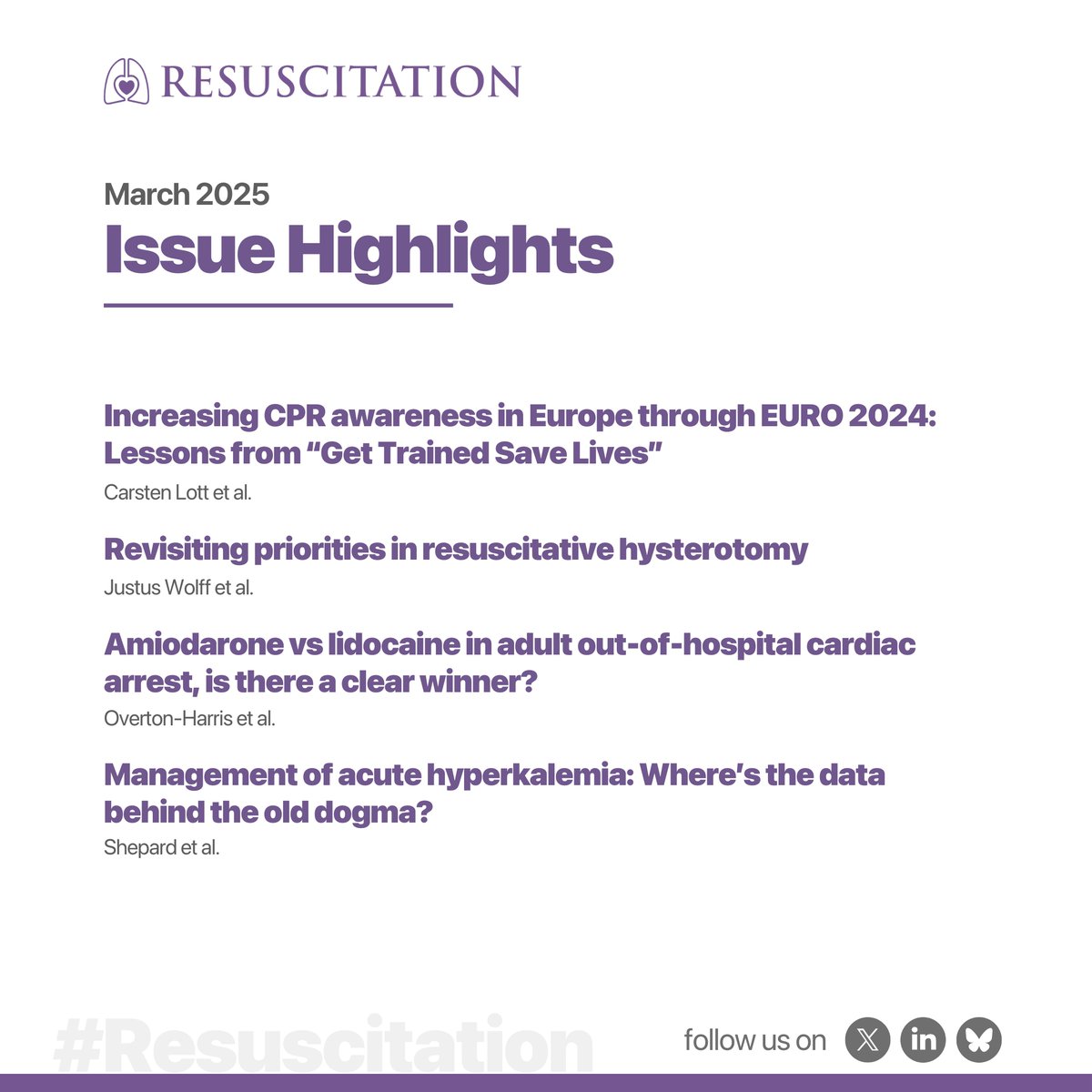 ResusJournal's tweet image. Highlights from the March 2025 Issue
Discover the featured articles published in the latest issue of Resuscitation.
resuscitationjournal.com/issue/S0300-95…
#Resuscitation