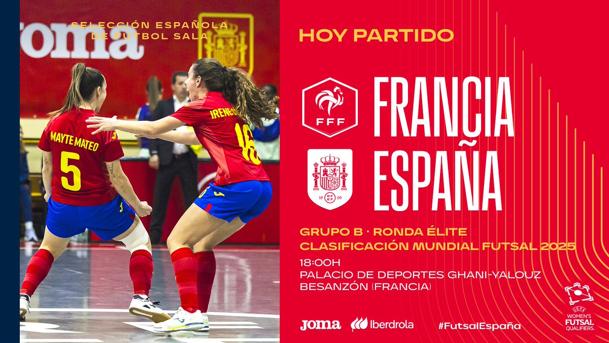 🚨 𝗛𝗢𝗬 𝗝𝗨𝗚𝗔𝗠𝗢𝗦

🏆 Fase clasificación Mundial
🆚 Francia 🇫🇷
📍 Besanzón
🏟️ Palacio de los Deportes Ghani-Yalouz
⏰ 18:00 horas
🔗 PREVIA: bit.ly/4iO3yBo

#FutsalEspaña