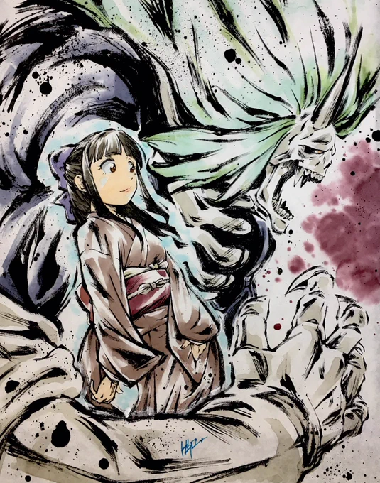 ゲゲゲの謎if墨絵「最終決戦狂骨」と「龍賀沙代」#ゲゲゲの謎 #墨絵 