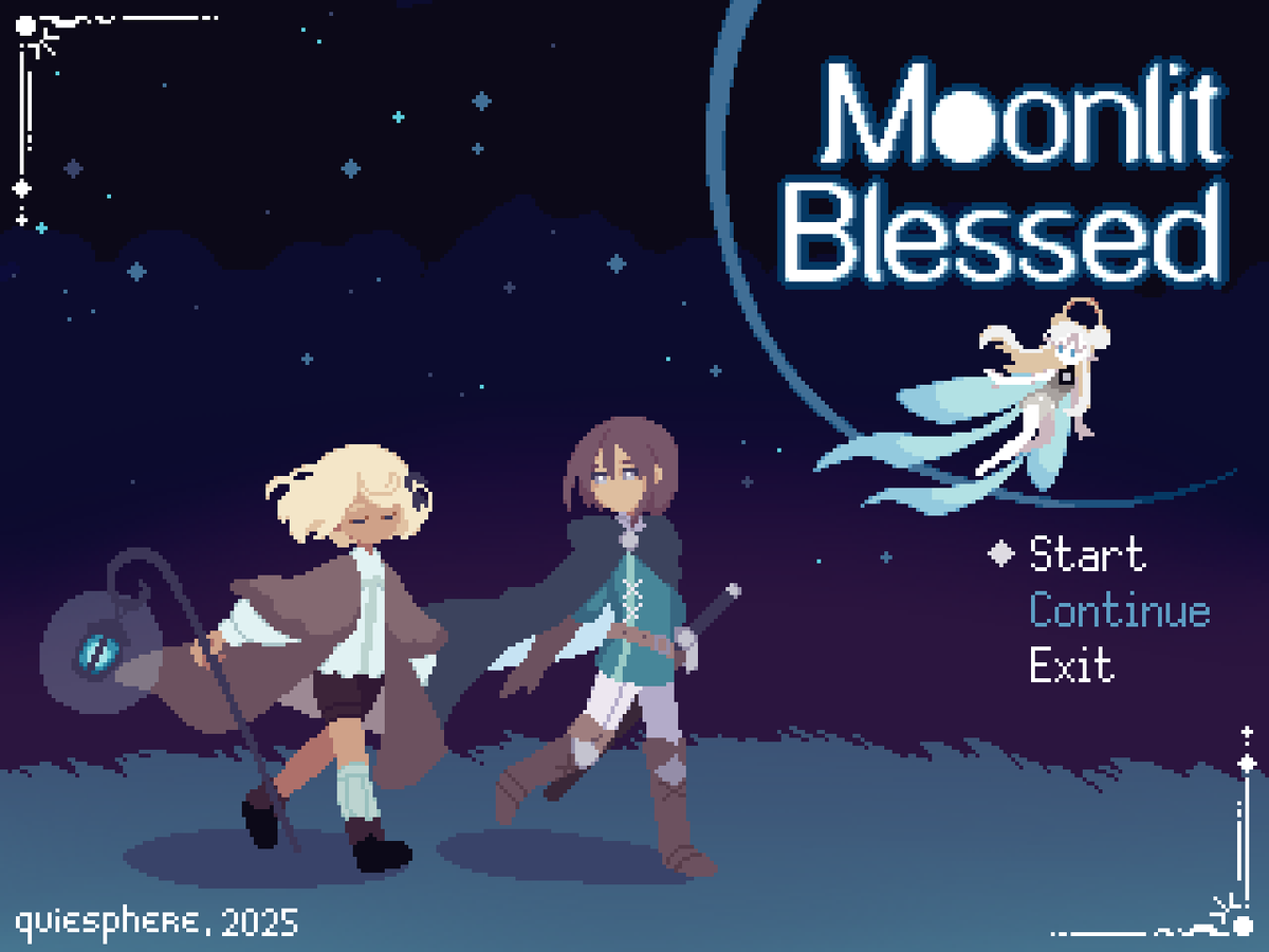 I've started working on my game for the RPG Maker 2025 game jam! The title may change in the future, but I've got a little title screen 🌕✨ I'll do my best to go beyond expectations!