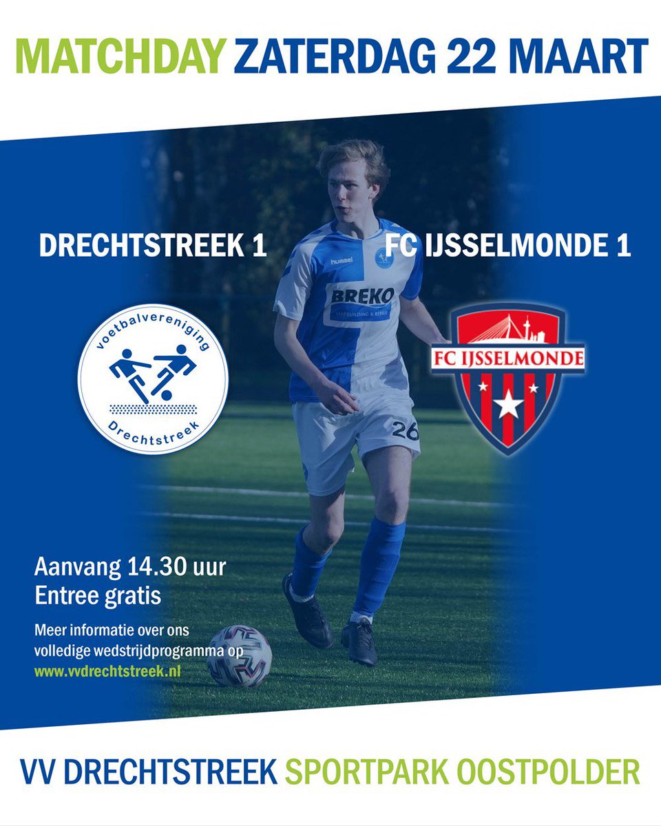 Na de uitglijder vorige week, tijd voor eerherstel! Vandaag de wedstrijd tegen FC IJsselmonde,  aanvang om 14.30 uur !
Om 11.45 uur start de kraker van ons 2e tegen <a href="/VVRijsoord/">V.V. Rijsoord</a> 2.
Kijk voor het volledige programma op de website. Tot straks 💙🤍