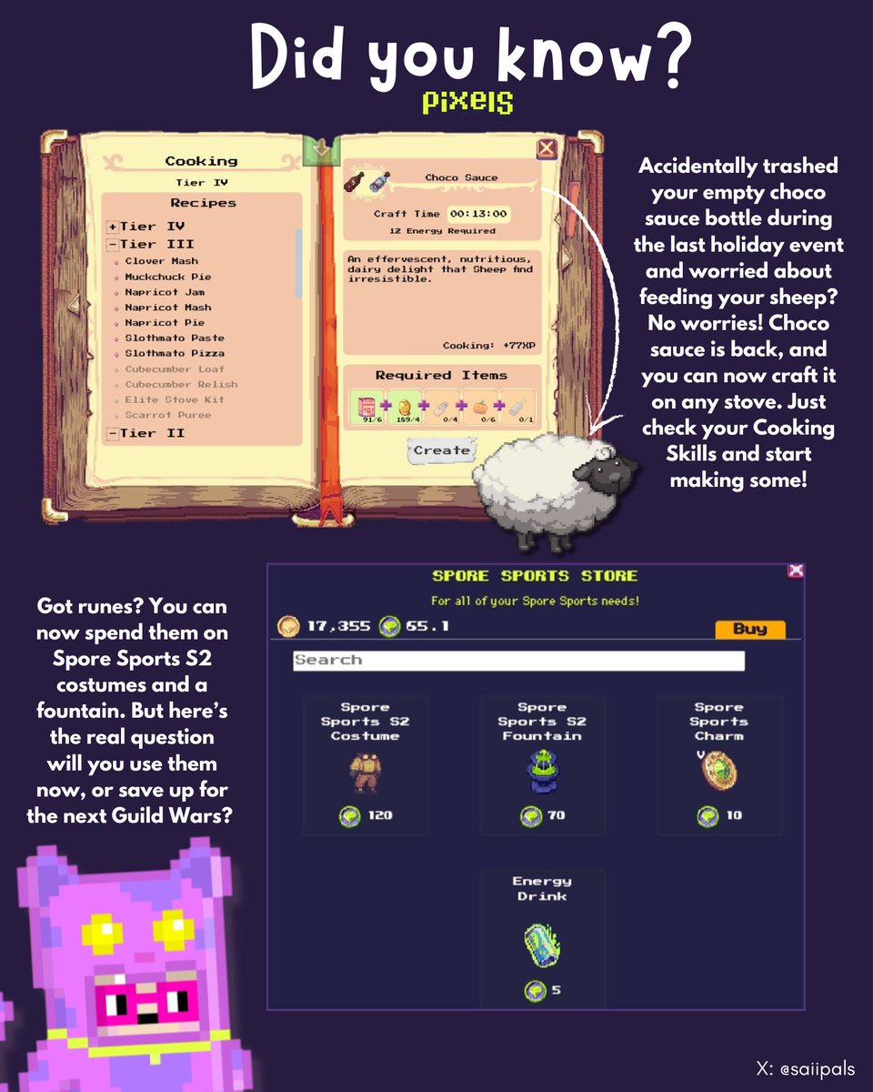 CHECK THIS OUT! 📢

Visit the Guild Castle and enter the Spore Sports Cave Stations to start shopping

Use any stove to craft Choco Sauce, feed your cows, and level up your Pet Care!

<a href="/pixels_online/">Pixels</a> #PixelsCreator #DYK