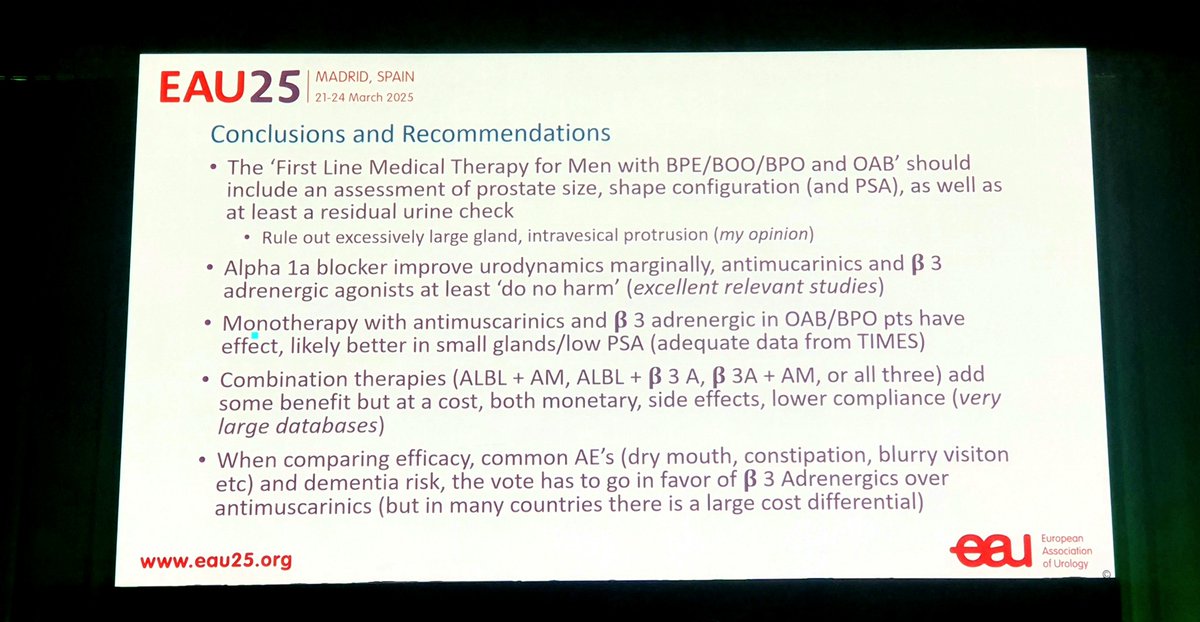 Key takeaways of Prof. Roehrborn's state-of-the-art lecture "First-line pharmacological treatment" on managing OAB/BPO patients. #EAU25