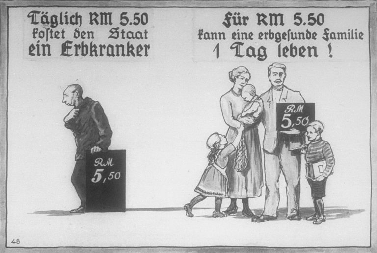 This is literal Nazi propaganda for the Aktion T4 programme - the first phase of the Nazi genocide. "An unhealthy person costs the Reich 5.50 Reichsmarks per day. A healthy family can live on 5.50 Reichsmarks a day."