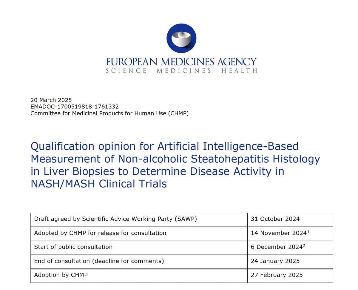 Impressing: PathAI obtains EMA qualification as first AI tool to read biopsies in MASH trials
👉Context of use: determine a disease activity biomarker based on steatosis, ballooning, lobular inflammation &amp; fibrosis stage
☝️The tool is an AID to central pathologist
#livertwitter