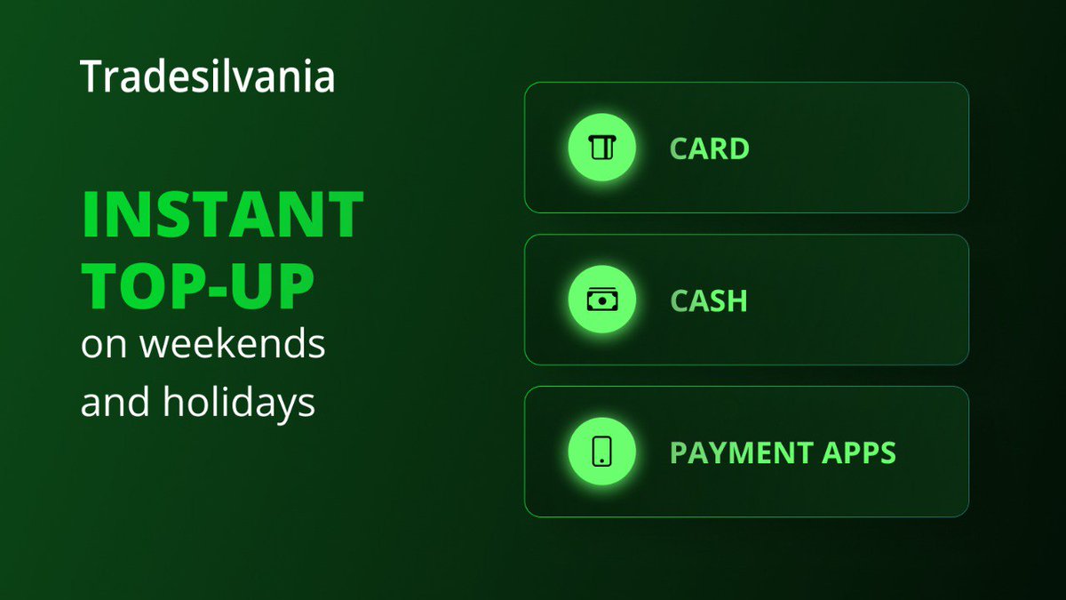 tradesilvania's tweet photo. 🏦 No bank hours to worry about - top up your trading account instantly with #cash, #card or #paymentapps, 24/7. https://t.co/elxRcMeA2R