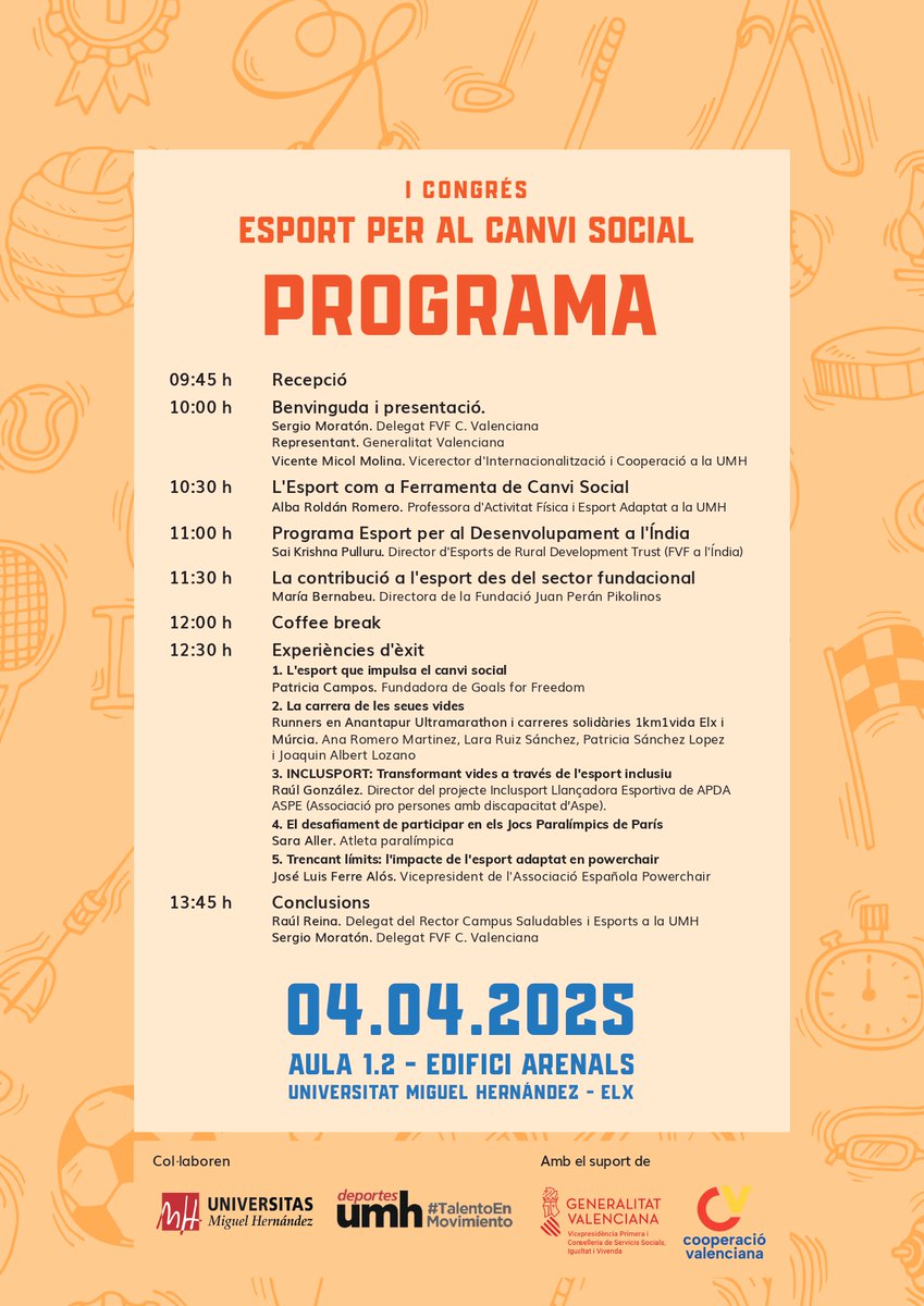 El dia 4 d'abril teniu una bona ocasió per anar al congrés gratuït de la <a href="/fvicenteferrer/">Fundación Vicente Ferrer</a> &amp; <a href="/UniversidadMH/">UMH</a> on es parlarà de l'esport per al canvi social.   

Looking forward to seeing <a href="/saikpulluru/">Sai Krishna Pulluru</a> (<a href="/ASA_RDT/">Anantapur Sports Academy</a>)