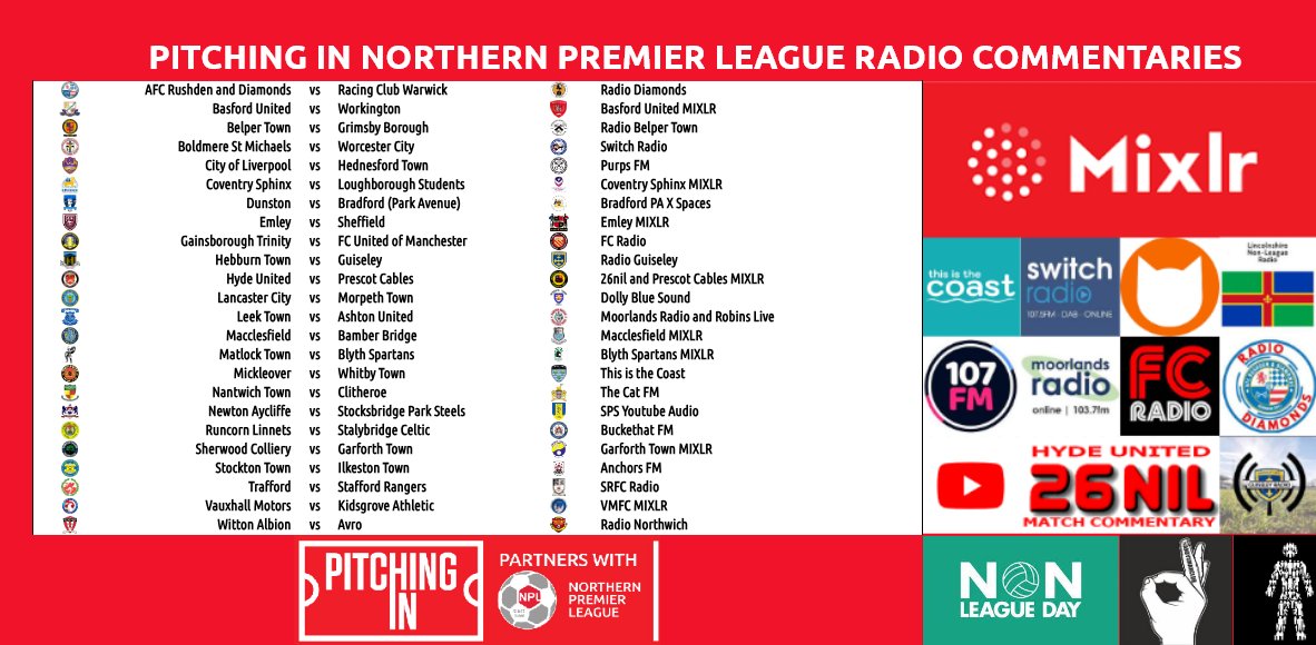 NorthernPremLge's tweet photo. RADIO COMMENTARIES
@PitchingIn_

@SCFC_08 v @TheGarforthTown
https://t.co/28SPKA6QtF

@stockton_townfc v @ilkestontown_fc
https://t.co/crig1bnL6f

@FCTrafford v @SRFCofficial
https://t.co/NH37DYpgIw

@vmfc_ v @OfficialKAFC
https://t.co/7TV2y6V5Q1

@WittonAlbion v @AvroFC
https://t.co/sqfN0CA6L2

@nonleaguedayuk