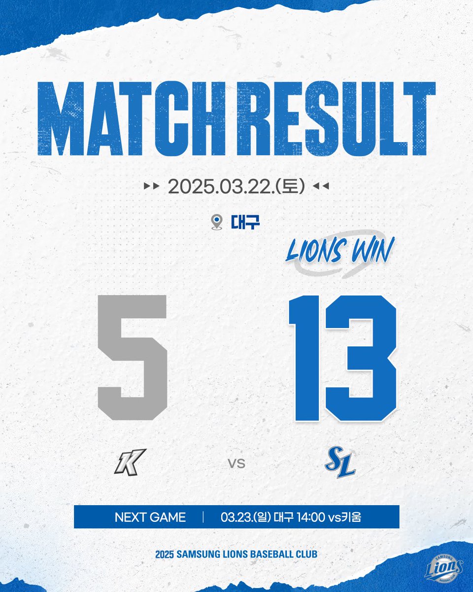 2025년 3월 22일 토요일 경기 결과입니다.
키움 5 : 13 삼성
