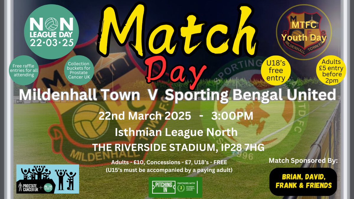 Match day

<a href="/SportingBengal/">Sporting Bengal Utd FC</a>  visit us on <a href="/nonleaguedayuk/">Non-League Day</a> and it’s also our MTFC Youth Day 

Get along and be part of it and support your local non league club 

#upthehall
