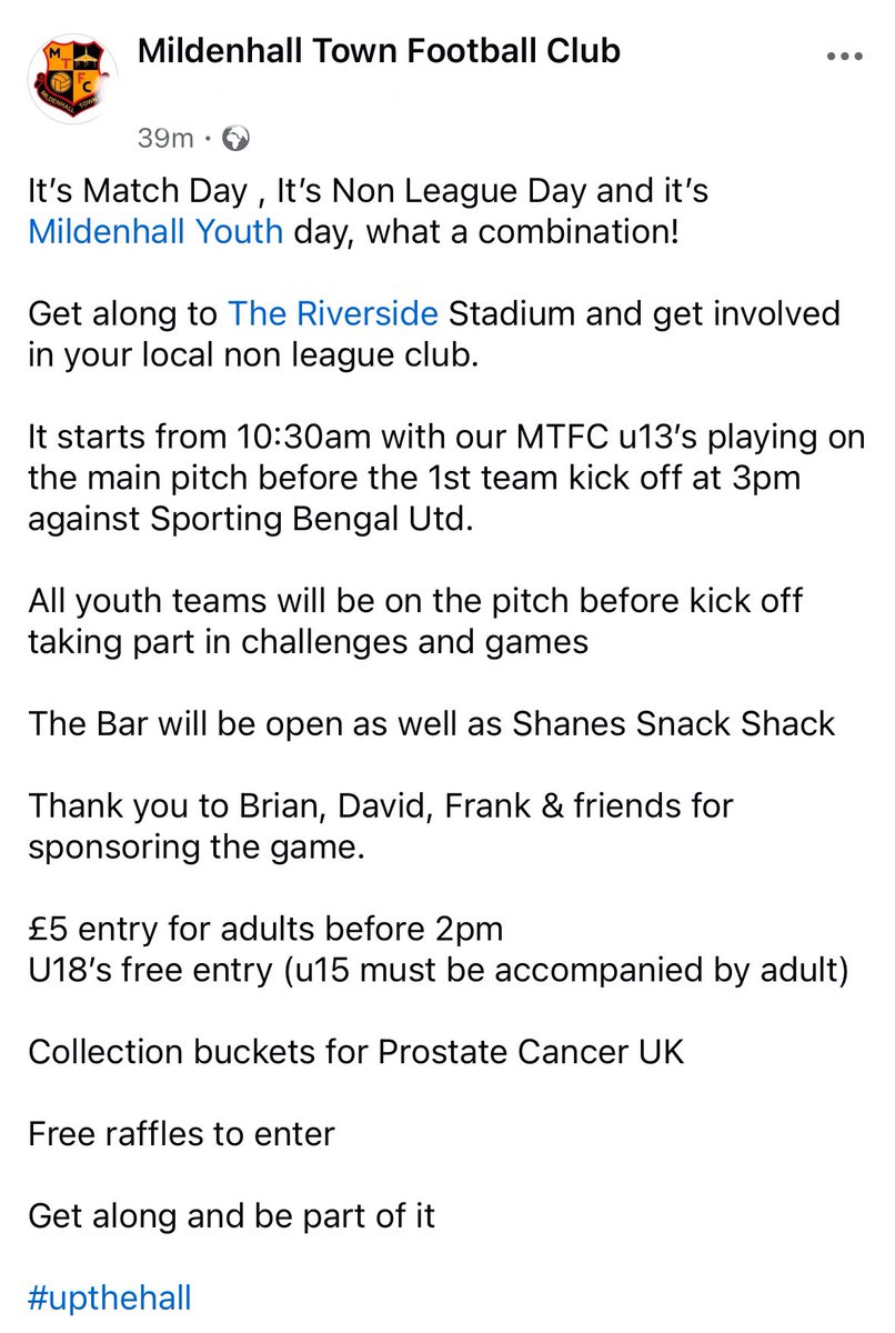 MildenhallTown's tweet photo. Match day

@SportingBengal  visit us on @nonleaguedayuk and it’s also our MTFC Youth Day 

Get along and be part of it and support your local non league club 

#upthehall https://t.co/NogMTcyECJ