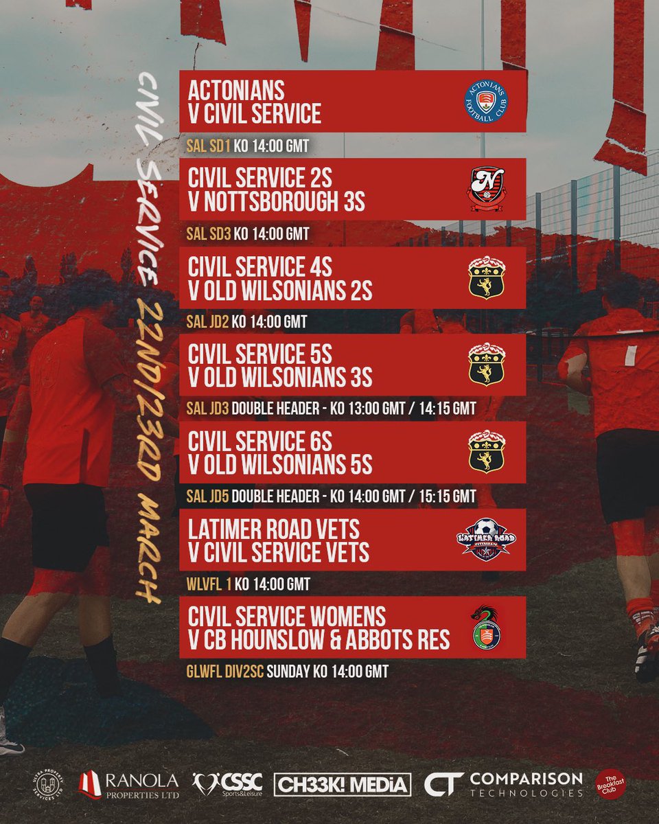 csfc1863's tweet photo. Weekend fixtures 🔴⚽️
1s (away) v @ActoniansAFC
2s v @Nottsborough 3s
4s v @oldwilsonians 2s
5s v @oldwilsonians 3s
6s v @oldwilsonians 5s
Vets (away) v @Latimerroadvets
Sunday
@csfcwomen v CB Hounslow & Abbots res
#forzacivil https://t.co/Svq0fMzXOQ