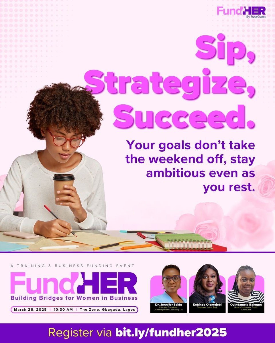 FundQuestNgr's tweet photo. Rest, recharge, but never lose sight of the vision. The weekend could be a pause, but it is not a full stop.
Success doesn’t clock out, and neither should your ambition. 💪🏼😊
We can't wait to see you at FundHER next week. 😊
#WeekendVibes #FundHER #Rest #FundQuest https://t.co/3PR3hrxJbk