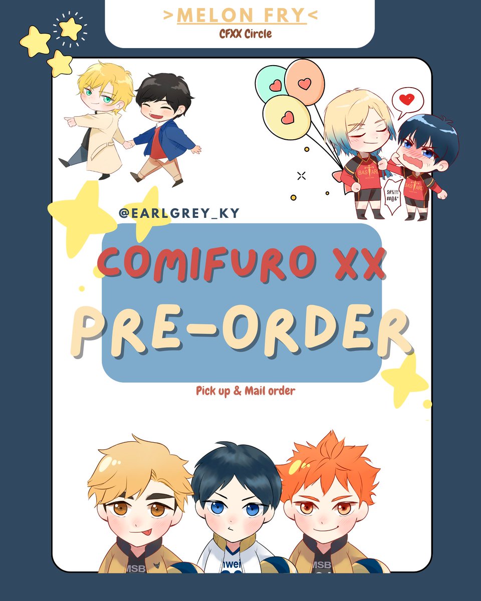 earlgrey_ky's tweet photo. [❤️&amp; 🔁 ARE APPRECIATED!]  

Hello! My #CFXX PO batch2 &amp; GA are open
🌟Pick-up D1 + Mail Order 
🌟Fandom: Haikyuu, Bluelock (kaisagi), Banana Fish

🌟Form: https://t.co/CirwkJj8SM

Full Catalog &amp; GA below :)
#Comifuro20 #CF20 #CFXXcatalogue #CF20catalogue https://t.co/XIM2oPqzKm