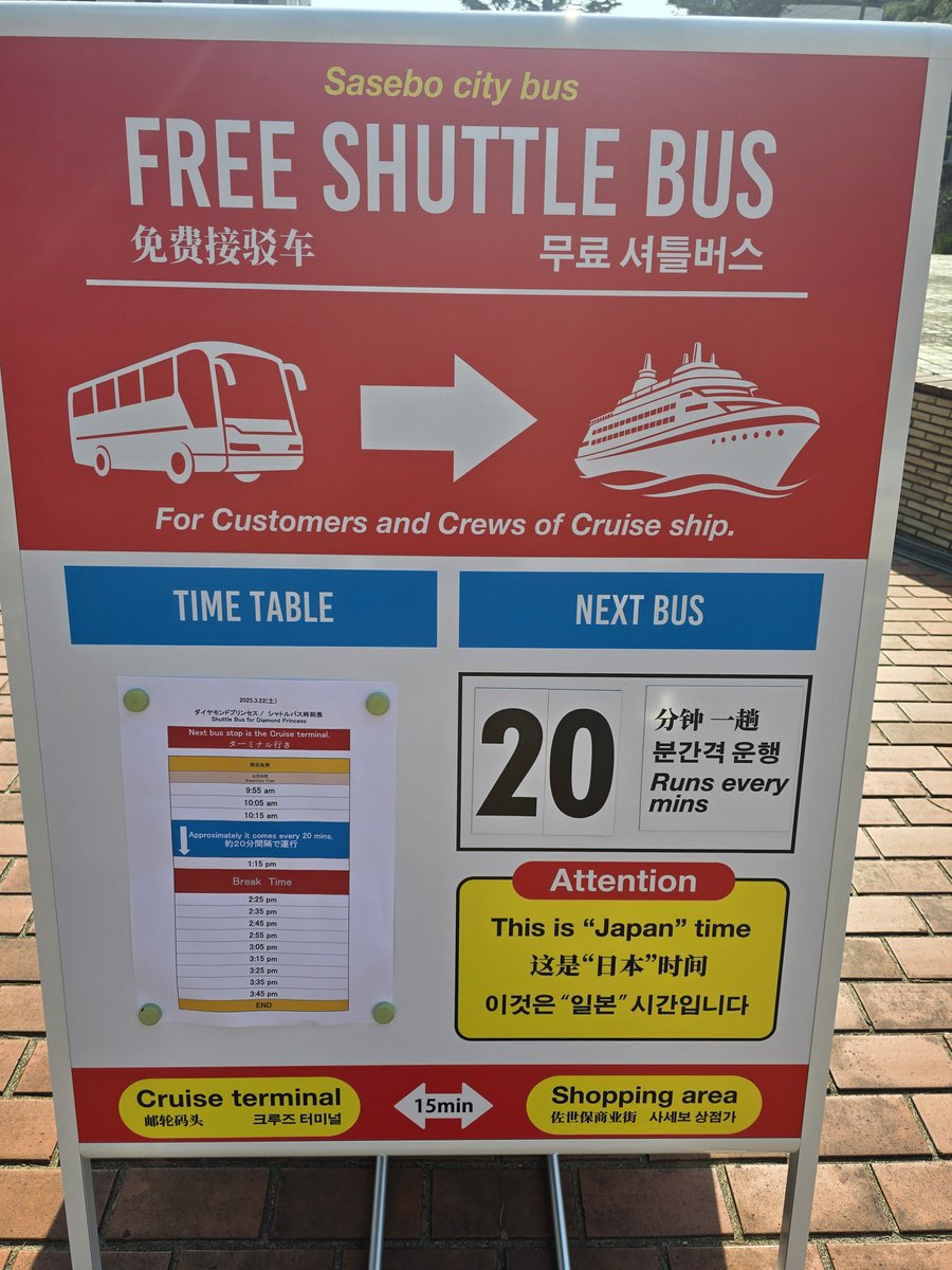 cruise_beagle's tweet photo. 佐世保は無料のシャトルバスあり
商店街と市が運行してくれているそうです
2台ピストン輸送10分から20分おきに出発
到着サンプラザ三ヶ町松浦公園まで15分位
最終は港発が15:30
商店街発が15:45
乗り遅れてもシャトルバス発着場所にタクシー沢山待機してました
#ダイヤモンドプリンセス
#佐世保 #M508 https://t.co/3DOPNCO8we