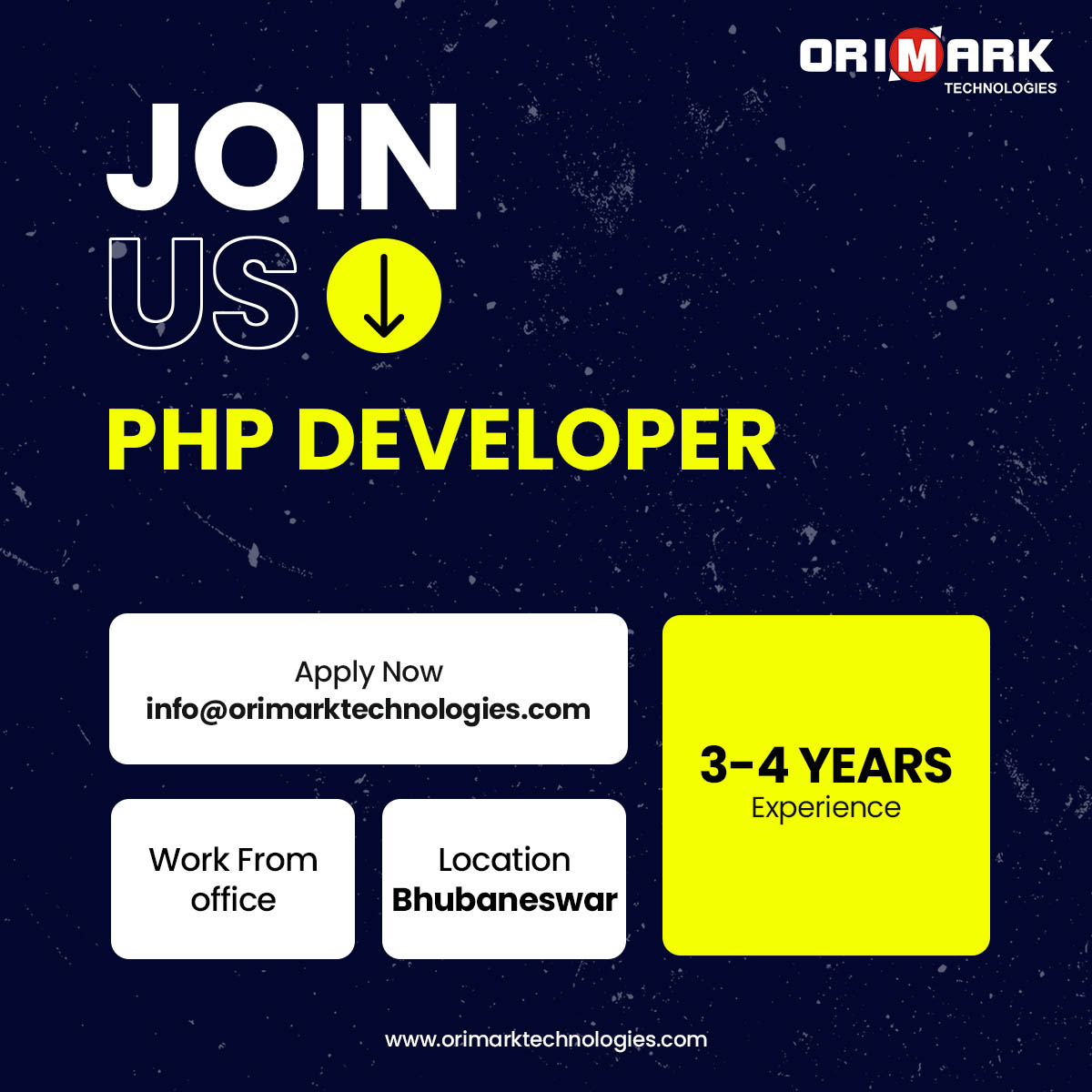 OrimarkTech's tweet image. Be a part of Orimark Technologies! We’re looking for a PHP Developer in Bhubaneswar.If you have 3-4 years of experience, this is your chance to grow with us.
Apply now at info@orimarktechnologies.com and take your career to the next level!
#OrimarkTechnologies #PHPDeveloper