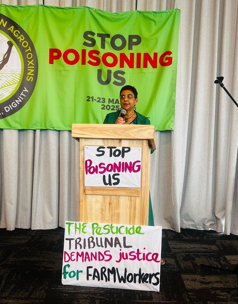 "We are here to unmask the violence of agrarian feudalism, the dirty secrets of our agriculture system &amp; the complicity of the state for their support in the commission of crimes against humanity of the people of this country," ACB's Mariam Mayet. Live: youtube.com/@SAPeoplesTrib…