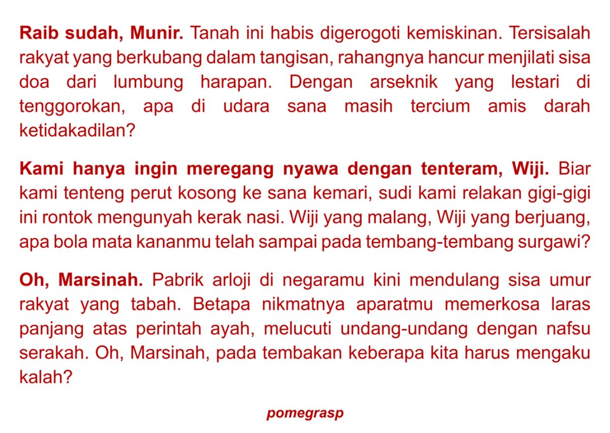pomegrasp's tweet image. Oh, Munir, Wiji, dan Marsinah yang malang. Mulut-mulut yang mati berjuang. #TolakRUUTNI #JanganBungkamSastra