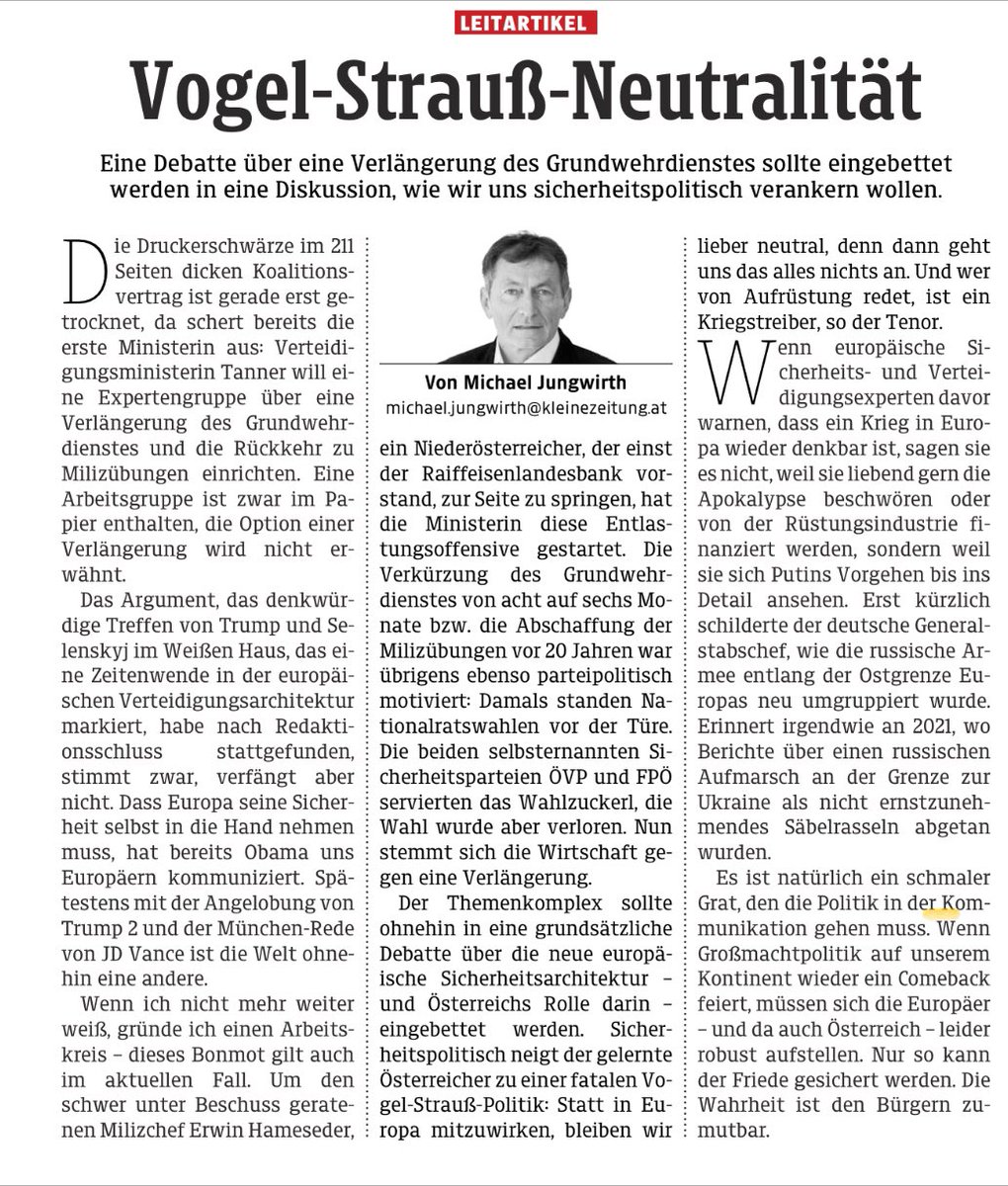 MichelJungwirth's tweet photo. „Es ist natürlich ein schmaler Grat, den die Politik in der Kommunikation gehen muss. Wenn Großmachtpolitik auf unserem Kontinent wieder ein Comeback feiert, müssen sich die Europäer – und da auch Österreich – leider robust aufstellen. Nur so kann der Friede gesichert werden.“ https://t.co/bqPp0W4P1F