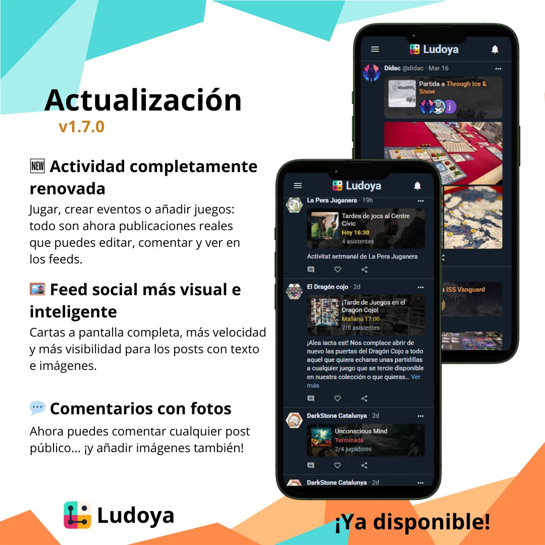ludoya_es's tweet photo. 🚨 Ludoya 1.7.0 ya está aquí 🚨

Toda la actividad es ahora social: partidas y eventos son posts con fotos, comentarios y más visibilidad.
Feed mejorado, +veloz, +visual.

¡Comenta con imágenes y publica como nunca! 🎲📸 https://t.co/KN3JLpZiGG