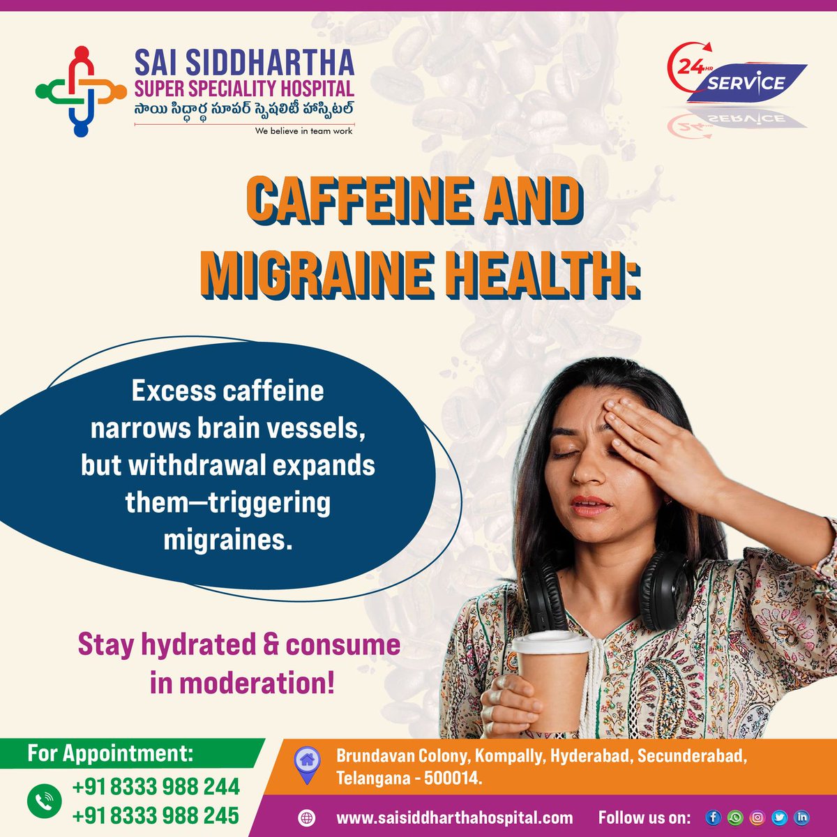 ssh_kompally's tweet photo. ☕ #Caffeine and #Migraines: Friend or Foe?

While caffeine can sometimes relieve migraines by constricting blood vessels, overconsumption may trigger #headaches or lead to dependency. At Sai Siddhartha, our experts offer personalized care to help manage migraines effectively. https://t.co/tYpZmHzCJw