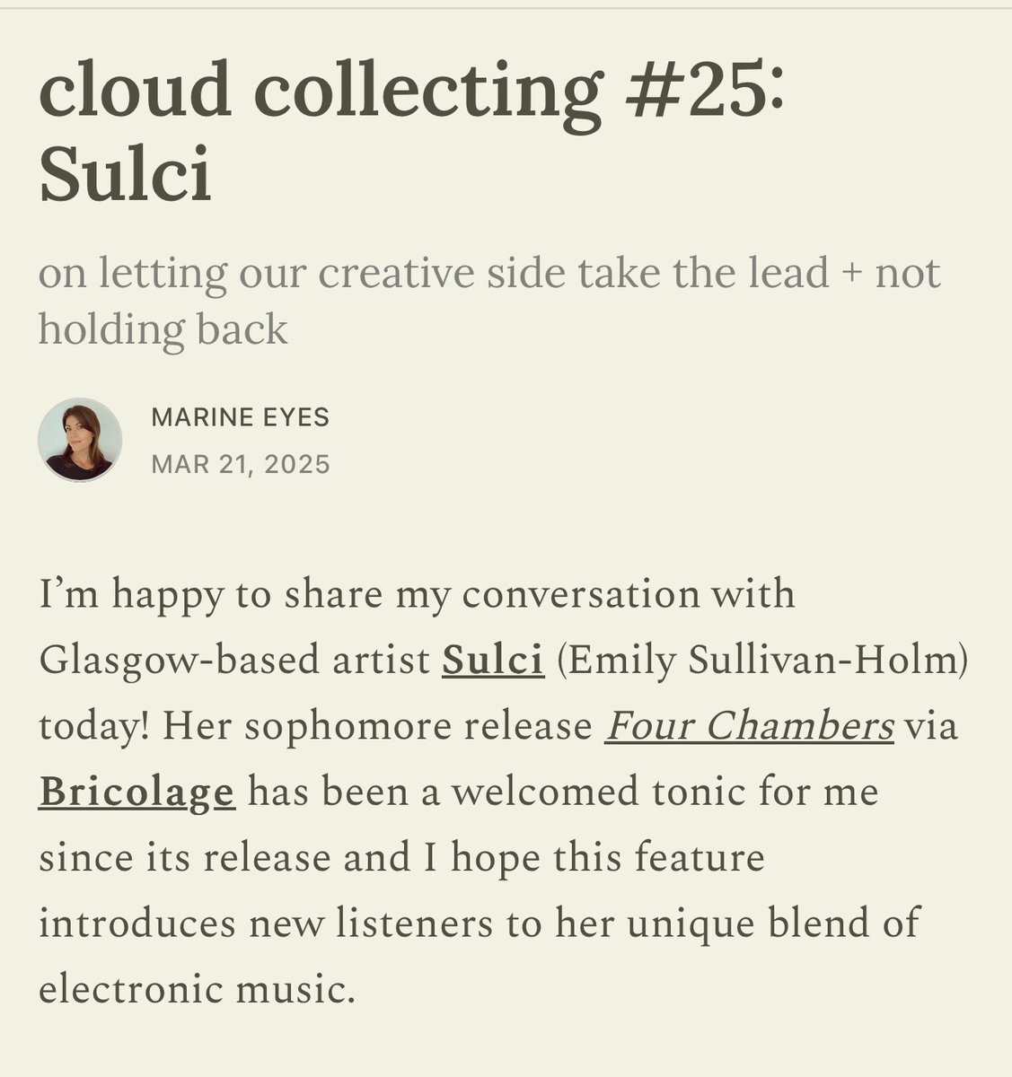 Super grateful to have had the chance to have a musical and creative based back and forth chat with the ever inspirational Marine Eyes as part of her “Cloud Collecting” series 💜🌥️💜

You can have a read at the Cloud Collecting substack.

cloudcollecting.substack.com/p/cloud-collec…