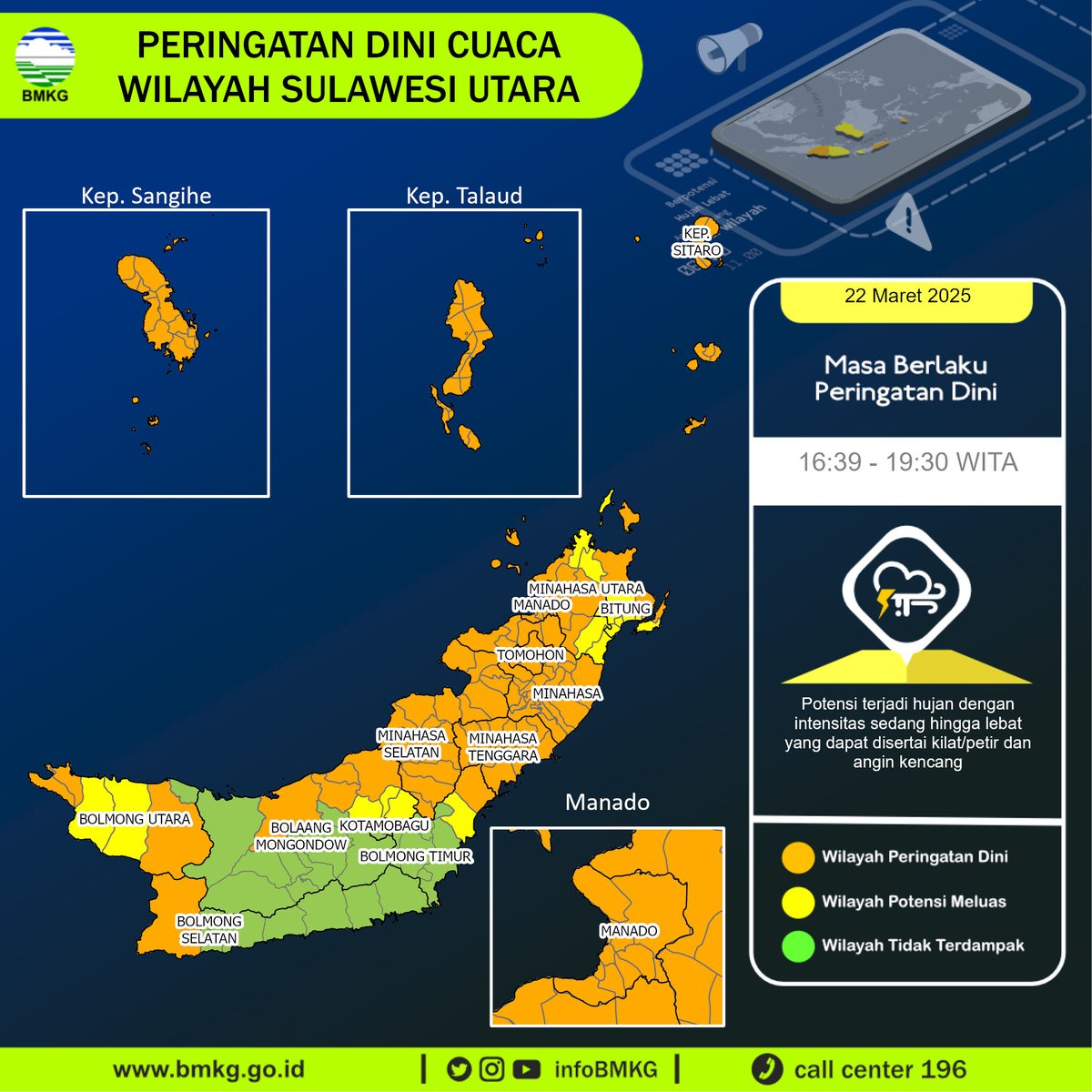infoBMKG's tweet photo. Update Peringatan Dini Cuaca Wilayah - Sulawesi Utara Tgl. 22 Maret 2025 pkl. 16:39 WITA
Prakirawan - BMKG - Sulawesi Utara
https://t.co/lt5MoJ9bXr https://t.co/aci6z5Jbxr