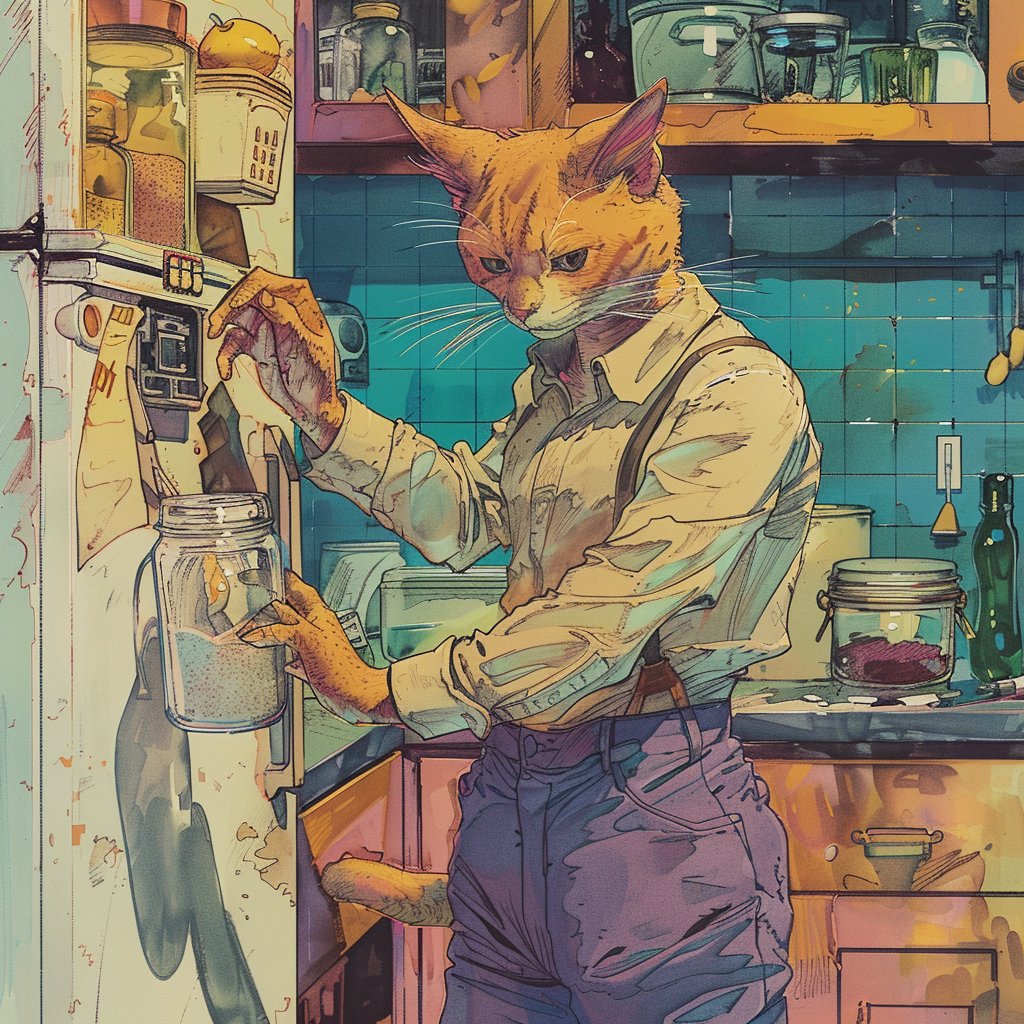 solflarecats's tweet photo. In a kitchen, where cats are queens, 
 A feline friend, in apricot jeans. 
 With a look so cool, and fur so neat, 
 She opens up the spice cupboard treat. 
  
 Oh, how she loves to sniff and stir, 
 In this solarpunk world that's truly absurd. 
 The fridge is filled with d... https://t.co/oN9iO4KvMD
