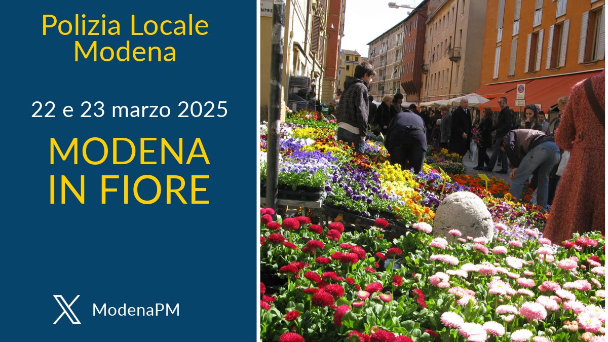 PLModena's tweet photo. #ViabilitàMO #modenainfiore
Oggi 22 e domani 23 marzo torna “Modena in Fiore” edizione primavera 2025. La manifestazione si svolge in Piazza Matteotti, Piazza Roma, Via del Taglio, Largo San Giorgio e piazza Pomposa.
🔴 Viene sospesa la circolazione stradale, escluso veicoli di soccorso, su via Taglio (da piazza Pomposa a largo San Giorgio), piazza Pomposa, via del Voltone e largo San Giorgio.
🔴 Attenzione ai divieti di sosta con rimozione.
ℹ️ https://t.co/aSbGYFBXYO