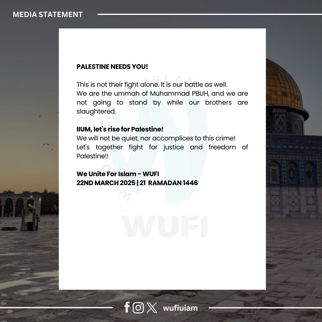 𝗣𝗔𝗟𝗘𝗦𝗧𝗜𝗡𝗘 𝗕𝗟𝗘𝗘𝗗𝗦 𝗔𝗚𝗔𝗜𝗡: 𝗪𝗨𝗙𝗜 𝗖𝗢𝗡𝗗𝗘𝗠𝗡𝗦 𝗖𝗢𝗪𝗔𝗥𝗗 𝗔𝗖𝗧𝗜𝗢𝗡𝗦 𝗢𝗙 𝗜𝗦𝗥𝗔𝗘𝗟

We Unite For Islam (WUFI) strongly condemns Israel's actions against Palestinians, calling them genocide and ethnic cleansing.